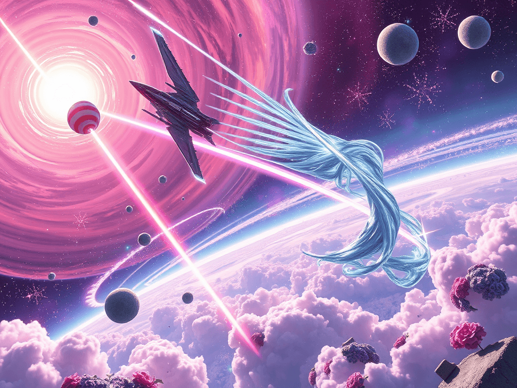 An epic battle in space with beams of colorful light from the Aurora Valkyrie meeting torrents of water-energy from Torrent Surge, all set against a celestial spectacle of swirling nebulae filled with radiant colors and sparkling stars.
Style: Cinematic, ultra-detailed sci-fi concept art
Environment Details: The Hello Kitty Sovereignty's space sector is a vibrant and enchanting region of the cosmos, characterized by swirling nebulae that shimmer in hues of pink, lavender, and baby blue. Glittering star clusters dot the vastness, twinkling like confetti against the backdrop of deep space. Planets within this domain are adorned with lush, candy-colored landscapes, where whimsical flora resembles oversized lollipops and flowers bloom in playful shapes. Floating islands of cotton candy clouds drift lazily among the stars, and the air is filled with the soft, melodic sounds of cheerful tunes carried by cosmic winds. Nearby, a sparkling asteroid belt glimmers like a treasure trove, where the Hello Kitty Sovereignty engages in friendly scientific research and exploration, gathering materials with their Friendship Beam, which also promotes harmony among the diverse residents of the area. The environment is a delightful blend of science and fantasy, making it an inviting playground for curious explorers and brave adventurers alike.
Lighting: Dynamic, dramatic lighting with lens flares and volumetric effects
Camera: Wide-angle, epic perspective
Additional Details: Show detailed ship designs, energy weapons, and environmental effects
Quality: Ultra HD, highly detailed, professional quality
