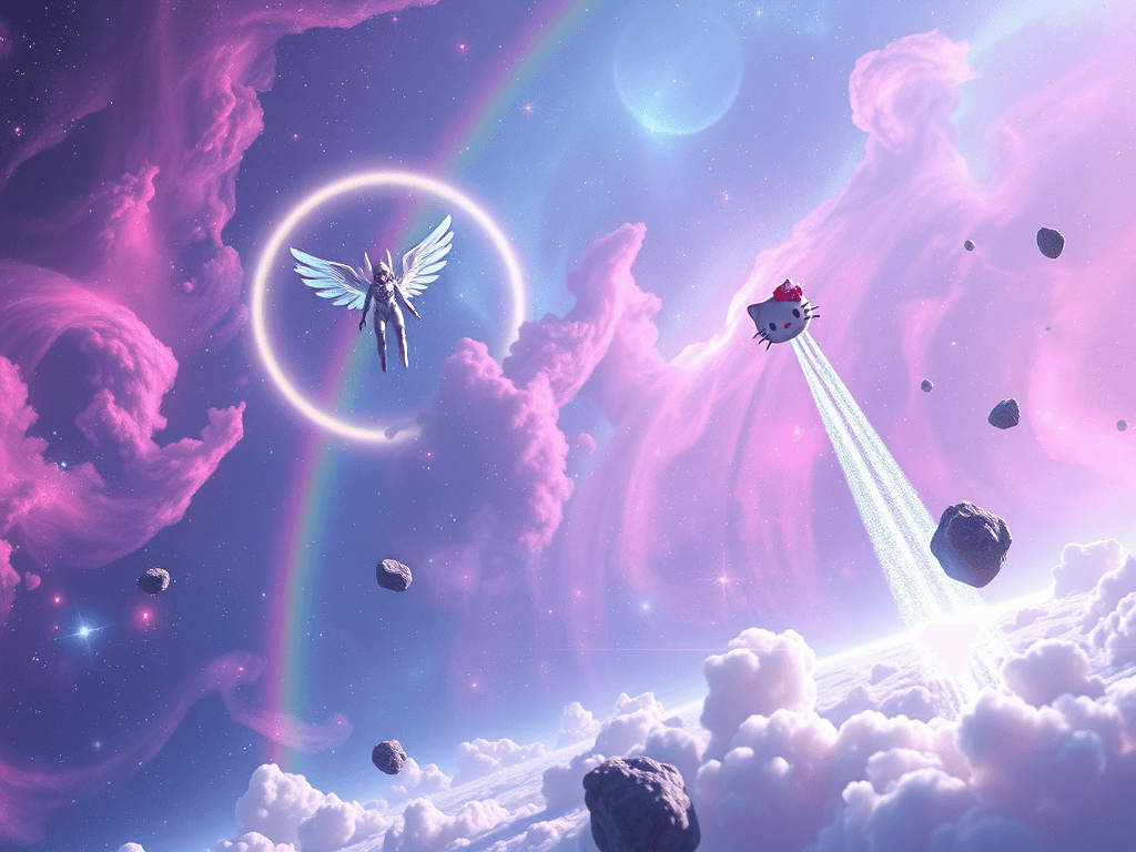 Aurora Valkyrie surrounded by a celestial rainbow, signaling peace amid the expansive backdrop of stars, with Torrent Surge departing into the aquatic-themed nebula, leaving behind a trail of shimmering azure in a peaceful yet charged scene.
Style: Cinematic, ultra-detailed sci-fi concept art
Environment Details: The Hello Kitty Sovereignty's space sector is a vibrant and enchanting region of the cosmos, characterized by swirling nebulae that shimmer in hues of pink, lavender, and baby blue. Glittering star clusters dot the vastness, twinkling like confetti against the backdrop of deep space. Planets within this domain are adorned with lush, candy-colored landscapes, where whimsical flora resembles oversized lollipops and flowers bloom in playful shapes. Floating islands of cotton candy clouds drift lazily among the stars, and the air is filled with the soft, melodic sounds of cheerful tunes carried by cosmic winds. Nearby, a sparkling asteroid belt glimmers like a treasure trove, where the Hello Kitty Sovereignty engages in friendly scientific research and exploration, gathering materials with their Friendship Beam, which also promotes harmony among the diverse residents of the area. The environment is a delightful blend of science and fantasy, making it an inviting playground for curious explorers and brave adventurers alike.
Lighting: Dynamic, dramatic lighting with lens flares and volumetric effects
Camera: Wide-angle, epic perspective
Additional Details: Show detailed ship designs, energy weapons, and environmental effects
Quality: Ultra HD, highly detailed, professional quality