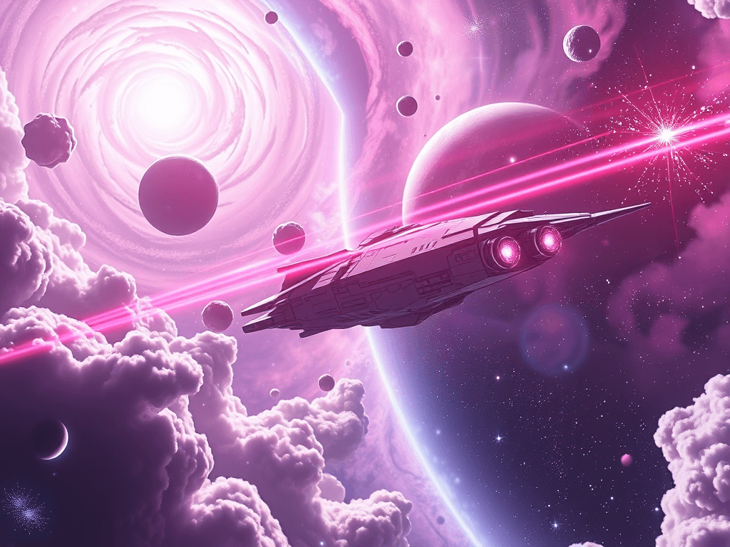 Aurora Valkyrie emitting radiant rainbows against incoming torpedoes amidst a backdrop of cotton candy clouds and vibrant nebula, with Torrent Surge positioned aggressively, its torpedo launchers crackling with energy.
Style: Cinematic, ultra-detailed sci-fi concept art
Environment Details: The Hello Kitty Sovereignty's space sector is a vibrant and enchanting region of the cosmos, characterized by swirling nebulae that shimmer in hues of pink, lavender, and baby blue. Glittering star clusters dot the vastness, twinkling like confetti against the backdrop of deep space. Planets within this domain are adorned with lush, candy-colored landscapes, where whimsical flora resembles oversized lollipops and flowers bloom in playful shapes. Floating islands of cotton candy clouds drift lazily among the stars, and the air is filled with the soft, melodic sounds of cheerful tunes carried by cosmic winds. Nearby, a sparkling asteroid belt glimmers like a treasure trove, where the Hello Kitty Sovereignty engages in friendly scientific research and exploration, gathering materials with their Friendship Beam, which also promotes harmony among the diverse residents of the area. The environment is a delightful blend of science and fantasy, making it an inviting playground for curious explorers and brave adventurers alike.
Lighting: Dynamic, dramatic lighting with lens flares and volumetric effects
Camera: Wide-angle, epic perspective
Additional Details: Show detailed ship designs, energy weapons, and environmental effects
Quality: Ultra HD, highly detailed, professional quality