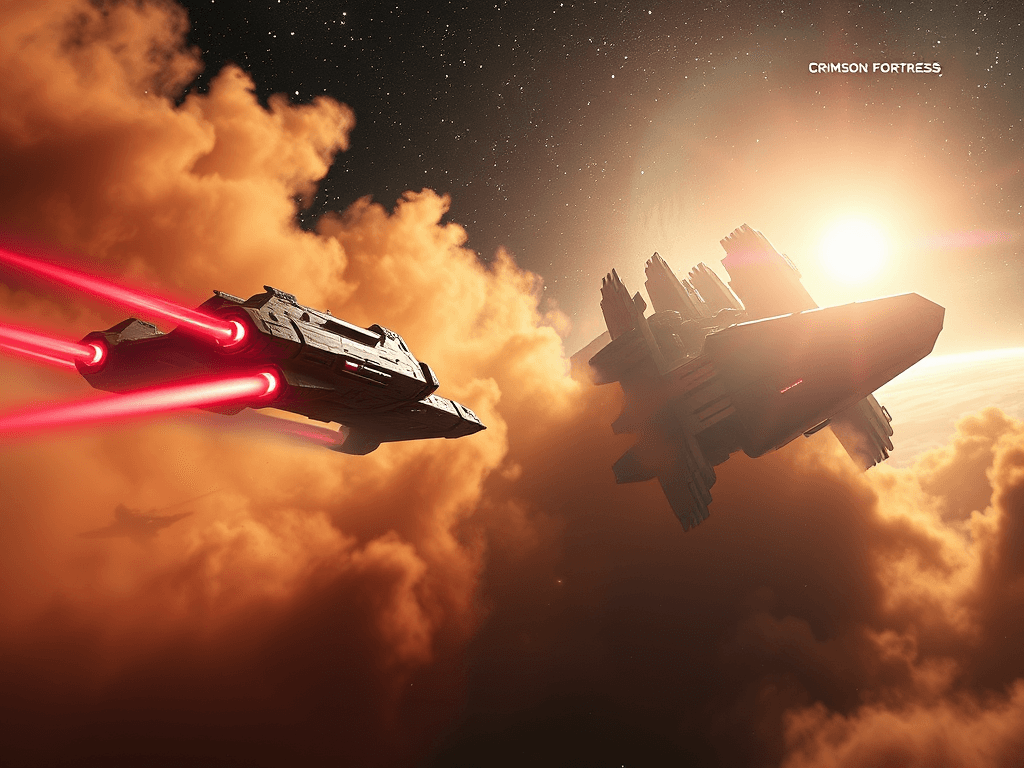 Crimson Fortress 234 retreating amidst swirling cosmic dust, its plasma cannons retracting. Crimson Fortress 153 remains motionless against the bright backdrop of twin stars, its imposing silhouette absorbing the radiance. The scene encapsulates closure and continued vigilance in the celestial ballet.
Style: Cinematic, ultra-detailed sci-fi concept art
Environment Details: A distant galaxy with swirling nebulae and shimmering stars
Lighting: Dynamic, dramatic lighting with lens flares and volumetric effects
Camera: Wide-angle, epic perspective
Additional Details: Show detailed ship designs, energy weapons, and environmental effects
Quality: Ultra HD, highly detailed, professional quality