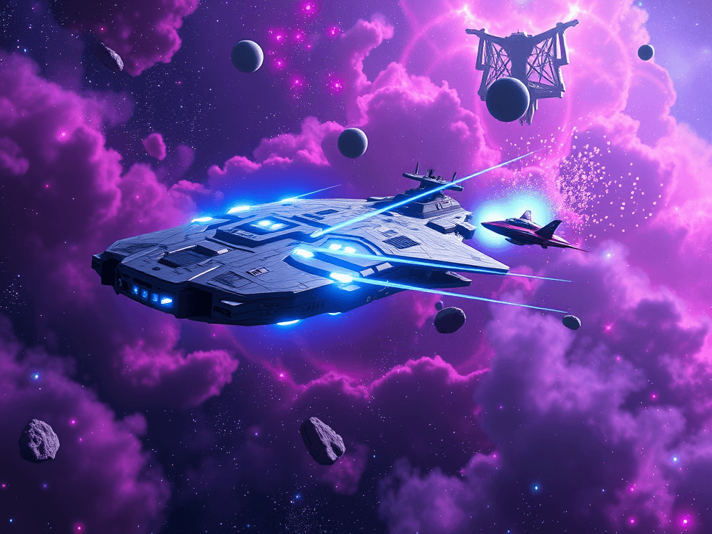 The Aegis Vanguard releasing a barrage of glowing blue plasma fire across the nebula's vibrant backdrop. Its quantum shields shimmer as showers of glowing confetti from the Kawaii Voyager's bow-shaped cannons hit them. The small, pastel-colored vessel retaliates with a whimsical charm amidst candy-colored nebula clouds and playful cosmic scenery.
Style: Cinematic, ultra-detailed sci-fi concept art
Environment Details: The 'Aegis Vanguard' is currently stationed in the heart of the Orion Nebula, surrounded by swirling clouds of vibrant gas and dust that glow in shades of deep purple and electric blue. Stars twinkle like diamonds scattered across a velvet canvas, providing a stunning backdrop to the massive battleship. Nearby, a cluster of rocky asteroids floats silently, remnants of ancient celestial collisions, while the remnants of long-abandoned space stations can be seen in the distance, their structures twisted and broken, telling tales of battles long past. Occasionally, bursts of light dance across the scene as distant supernovae explode, their brilliant light illuminating the darkness of space. The environment is a mix of beauty and danger, embodying the challenges faced by the Terran Alliance as they navigate the complexities of interstellar conflict and diplomacy. A faint hum of energy fills the air, resonating from the ship's quantum shields as they interact with the stellar radiation around them, creating an atmosphere of both protection and anticipation.
Lighting: Dynamic, dramatic lighting with lens flares and volumetric effects
Camera: Wide-angle, epic perspective
Additional Details: Show detailed ship designs, energy weapons, and environmental effects
Quality: Ultra HD, highly detailed, professional quality