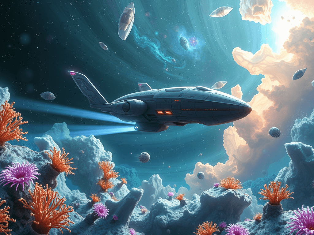 Galaxian Voyager 999 amidst dissipating foam, pausing in recognition of Sandy Goober 37, which shines brightly, hovering in the gentle cosmic tides. A serene nebula ambiance, with bright stars and colorful gaseous clouds, symbolizes the tension giving way to peace.
Style: Cinematic, ultra-detailed sci-fi concept art
Environment Details: The ship glides through a surreal, underwater cosmos, where the stars twinkle like bioluminescent jellyfish drifting through a vast sea. The surrounding environment is filled with floating coral-like structures made of crystal and shimmering gas clouds that resemble colorful anemones swaying in a gentle cosmic current. Strange, aquatic-like creatures swim through the void, their bodies glowing softly as they navigate this vibrant ocean of stars. The backdrop features massive, translucent waves of space-time, bending light and creating a dreamlike atmosphere filled with swirling colors and patterns reminiscent of an underwater paradise. Occasionally, bits of space debris resembling oversized seashells and starfish float by, adding to the whimsical charm of this extraordinary aquatic-themed universe.
Lighting: Dynamic, dramatic lighting with lens flares and volumetric effects
Camera: Wide-angle, epic perspective
Additional Details: Show detailed ship designs, energy weapons, and environmental effects
Quality: Ultra HD, highly detailed, professional quality