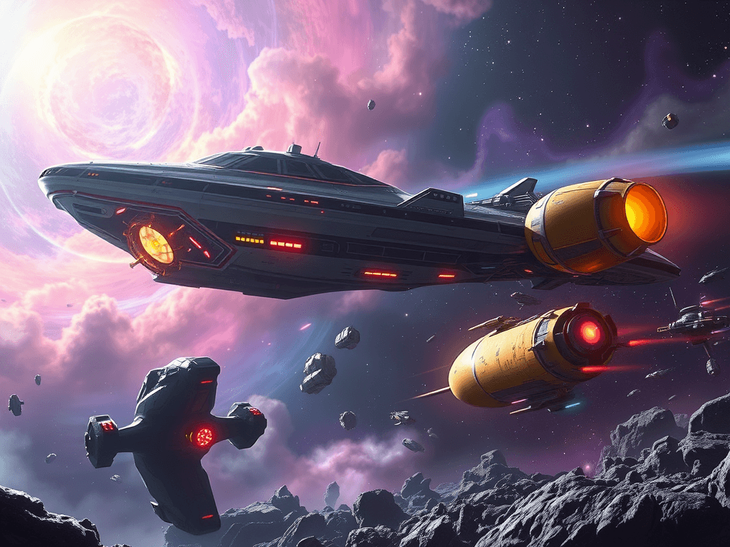 A tranquil space scene following a battle. The Neon Hawk 145 retreats into a sheltering nebula, its luminescent panels dimmed but intact. The Galaxian Watcher, with telltale signs of battle on its golden hull, floats among the debris. Cosmic dust and distant starlight create a serene yet poignant backdrop.
Style: Cinematic, ultra-detailed sci-fi concept art
Environment Details: The Donald Trump Hair Destroyer navigates through a vibrant sector of the universe, where swirling cosmic dust clouds blend with brilliant starlight, creating a dazzling array of colors. Nearby, a field of asteroids glimmers with mineral-rich surfaces, adding a rugged contrast to the ship's luxurious aesthetic. Surrounding the ship are clusters of space stations, each bustling with intergalactic travelers and merchants, their neon signs flashing in a kaleidoscope of colors. The casino's lights spill out into the void, casting a welcoming glow amidst the darkness of space. Occasionally, the silence is pierced by the distant sounds of spacecraft engines and the chatter of guests enjoying the lavish amenities, while security drones patrol the area, maintaining order in this opulent pocket of the galaxy.
Lighting: Dynamic, dramatic lighting with lens flares and volumetric effects
Camera: Wide-angle, epic perspective
Additional Details: Show detailed ship designs, energy weapons, and environmental effects
Quality: Ultra HD, highly detailed, professional quality