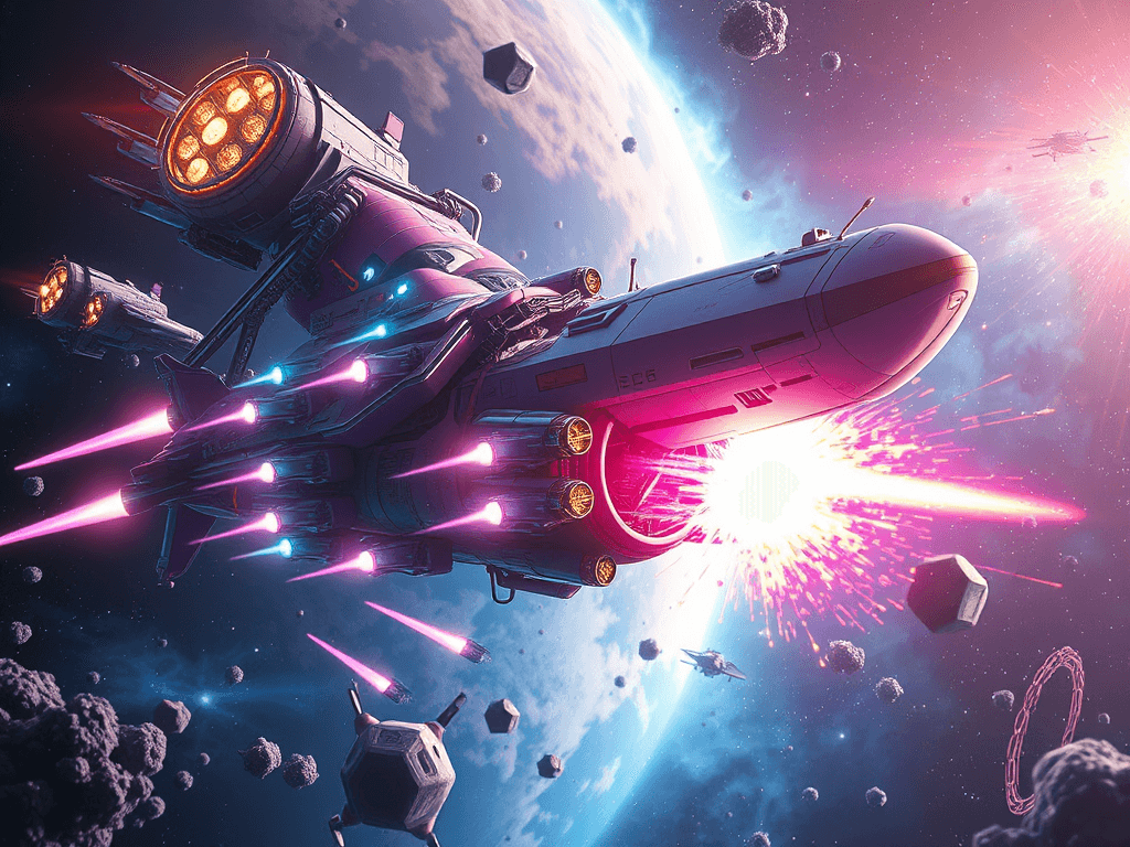 A tractor beam from Abyss Abyss 151, luminous and intricate, ensnares the USS Kitty's Fury's pink hull. Bright pastel missiles launch from the Kitty's belly, creating an explosive cascade of colors within the gripping force. Space flora trembles around them under the energetic impact.
Style: Cinematic, ultra-detailed sci-fi concept art
Environment Details: A distant galaxy with swirling nebulae and shimmering stars
Lighting: Dynamic, dramatic lighting with lens flares and volumetric effects
Camera: Wide-angle, epic perspective
Additional Details: Show detailed ship designs, energy weapons, and environmental effects
Quality: Ultra HD, highly detailed, professional quality