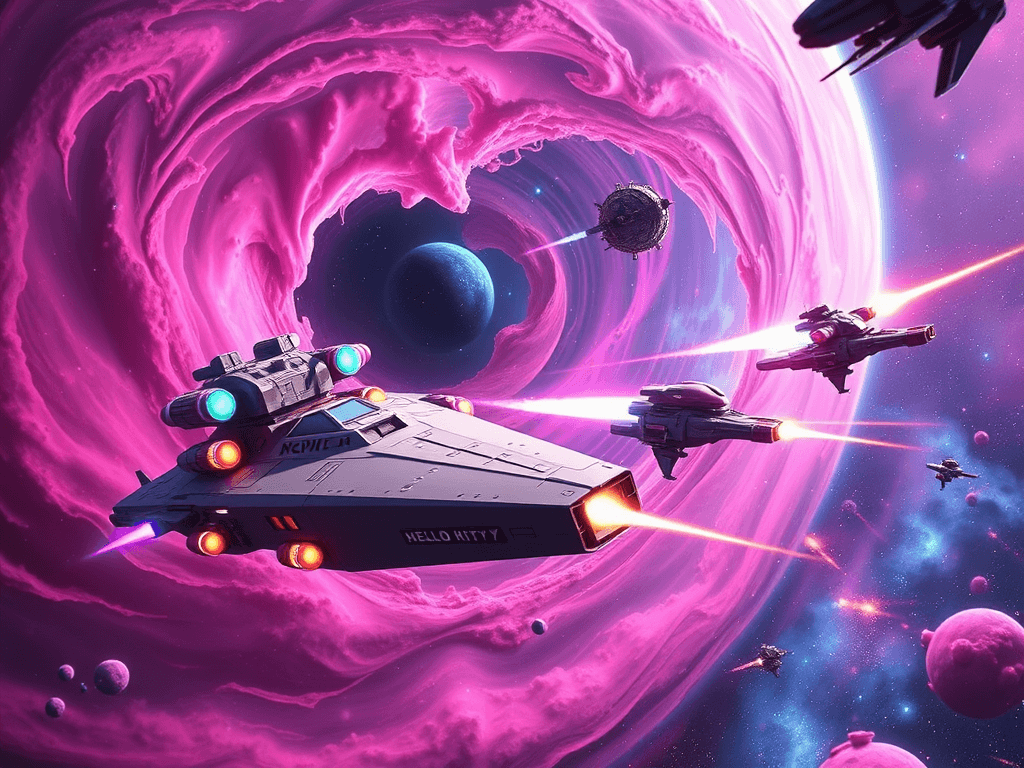 Dramatic space battle. Hello Kitty Destroyer's colorful turrets firing against Void Walkers Explorer with glowing plasma cannons. Swirling pink, purple, blue nebula, vibrant star field. Energy blasts illuminating colorful gases in chaos.
Style: Cinematic, ultra-detailed sci-fi concept art
Environment Details: A distant galaxy with swirling nebulae and shimmering stars
Lighting: Dynamic, dramatic lighting with lens flares and volumetric effects
Camera: Wide-angle, epic perspective
Additional Details: Show detailed ship designs, energy weapons, and environmental effects
Quality: Ultra HD, highly detailed, professional quality