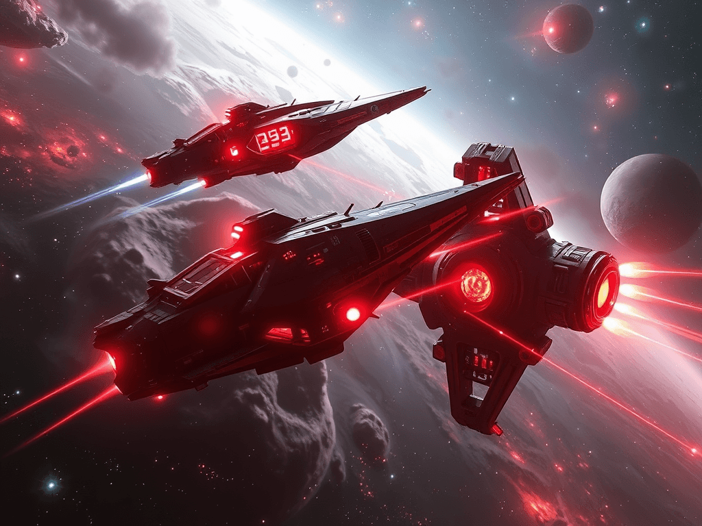 Crimson Fortress 153 emerging from cloaking above Crimson Fortress 234, firing a barrage of point-defense lasers. The cosmic haze is vibrantly lit up, holographic displays within showing dynamic tactical data. The imposing freighters dominate the scene, a ballet of light and shadow in space.
Style: Cinematic, ultra-detailed sci-fi concept art
Environment Details: A distant galaxy with swirling nebulae and shimmering stars
Lighting: Dynamic, dramatic lighting with lens flares and volumetric effects
Camera: Wide-angle, epic perspective
Additional Details: Show detailed ship designs, energy weapons, and environmental effects
Quality: Ultra HD, highly detailed, professional quality
