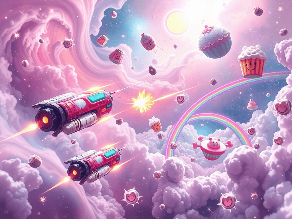 Climactic moment of a space battle between colorful high-tech ships with cartoonish weaponry. The background is a fantastical nebula with swirling rainbow lights, candy asteroids, swirling foams, and exploding heart-shaped blasts contrasting against the ethereal galaxy backdrop.
Style: Cinematic, ultra-detailed sci-fi concept art
Environment Details: The Kawaii Voyager glides through a vibrant nebula that mirrors its colorful aesthetics. Swirling clouds of pink, lavender, and baby blue create a dreamlike backdrop, dotted with sparkling stars that twinkle like glitter. Floating islands of candy-colored asteroids drift lazily through the area, each one encapsulated in a sugary mist and adorned with cartoonish smiley faces. In the distance, a rainbow bridge arches across the cosmic expanse, leading to a distant planet that looks like a giant cupcake topped with fluffy clouds and a cherry-red peak. The atmosphere is filled with soft, melodic sounds that resemble cheerful laughter, and the occasional twinkling chime, creating an enchanting ambiance that perfectly complements the playful nature of the Hello Kitty Sovereignty.
Lighting: Dynamic, dramatic lighting with lens flares and volumetric effects
Camera: Wide-angle, epic perspective
Additional Details: Show detailed ship designs, energy weapons, and environmental effects
Quality: Ultra HD, highly detailed, professional quality