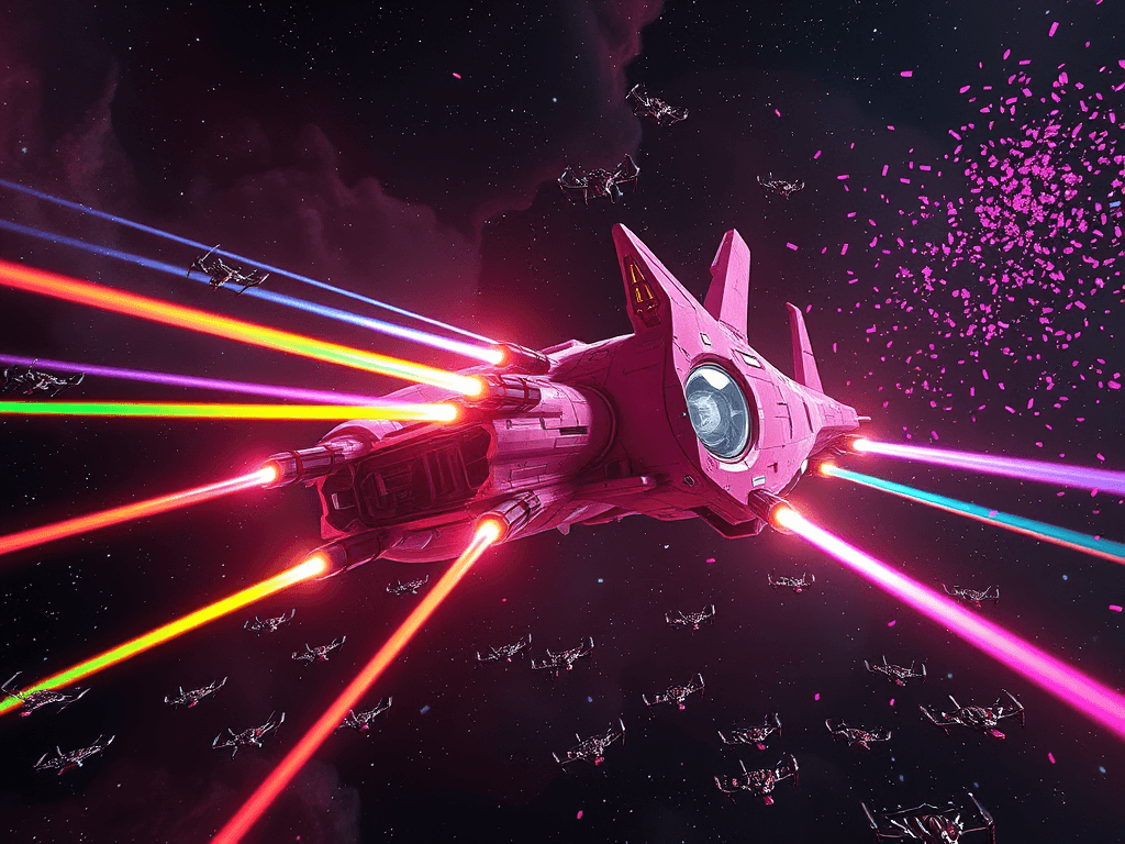 Swarms of drones launch from Abyss Abyss 151, each reflecting the nebula light, while USS Kitty's Fury fires rainbow-colored lasers from its ear-mounted cannons, creating colorful beams against the dark backdrop. Drones flash against the pink ship, filling the space with confetti explosions.
Style: Cinematic, ultra-detailed sci-fi concept art
Environment Details: A distant galaxy with swirling nebulae and shimmering stars
Lighting: Dynamic, dramatic lighting with lens flares and volumetric effects
Camera: Wide-angle, epic perspective
Additional Details: Show detailed ship designs, energy weapons, and environmental effects
Quality: Ultra HD, highly detailed, professional quality