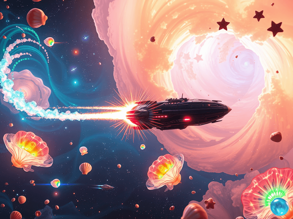 Galaxian Voyager 999 firing antimatter projectiles through a swirling nebula, facing off against Sandy Goober 37, which fires multicolored bubble blasts. The scene is filled with soap film explosions, creating a lightshow of rainbow colors.
Style: Cinematic, ultra-detailed sci-fi concept art
Environment Details: The ship glides through a surreal, underwater cosmos, where the stars twinkle like bioluminescent jellyfish drifting through a vast sea. The surrounding environment is filled with floating coral-like structures made of crystal and shimmering gas clouds that resemble colorful anemones swaying in a gentle cosmic current. Strange, aquatic-like creatures swim through the void, their bodies glowing softly as they navigate this vibrant ocean of stars. The backdrop features massive, translucent waves of space-time, bending light and creating a dreamlike atmosphere filled with swirling colors and patterns reminiscent of an underwater paradise. Occasionally, bits of space debris resembling oversized seashells and starfish float by, adding to the whimsical charm of this extraordinary aquatic-themed universe.
Lighting: Dynamic, dramatic lighting with lens flares and volumetric effects
Camera: Wide-angle, epic perspective
Additional Details: Show detailed ship designs, energy weapons, and environmental effects
Quality: Ultra HD, highly detailed, professional quality