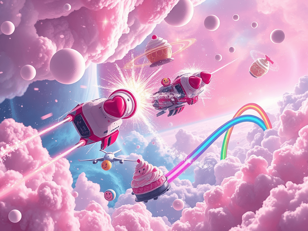 An intense space battle juxtaposes heart-shaped energy bursts and exploding colorful bubbles. Each ship maneuvers in a cosmic dance amidst pink and blue nebula clouds, showering confetti and sticky foam, creating a dazzling spectacle of chemical reactions and vibrant visuals.
Style: Cinematic, ultra-detailed sci-fi concept art
Environment Details: The Kawaii Voyager glides through a vibrant nebula that mirrors its colorful aesthetics. Swirling clouds of pink, lavender, and baby blue create a dreamlike backdrop, dotted with sparkling stars that twinkle like glitter. Floating islands of candy-colored asteroids drift lazily through the area, each one encapsulated in a sugary mist and adorned with cartoonish smiley faces. In the distance, a rainbow bridge arches across the cosmic expanse, leading to a distant planet that looks like a giant cupcake topped with fluffy clouds and a cherry-red peak. The atmosphere is filled with soft, melodic sounds that resemble cheerful laughter, and the occasional twinkling chime, creating an enchanting ambiance that perfectly complements the playful nature of the Hello Kitty Sovereignty.
Lighting: Dynamic, dramatic lighting with lens flares and volumetric effects
Camera: Wide-angle, epic perspective
Additional Details: Show detailed ship designs, energy weapons, and environmental effects
Quality: Ultra HD, highly detailed, professional quality