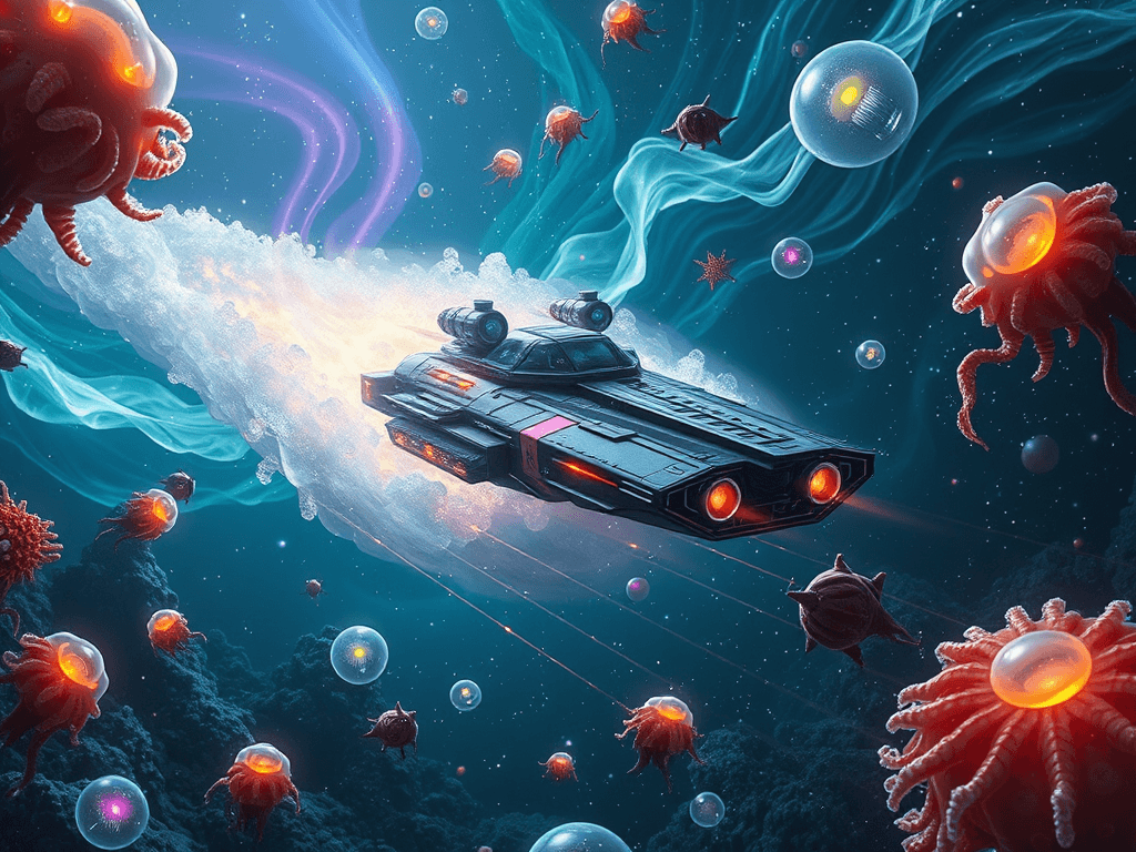 Sandy Goober 37 cloaked in shimmering soap bubbles, evading detection in a nebular storm. Galaxian Voyager 999's plasma turrets firing into emptiness, suddenly enveloped in multicolored, thick bubble foam stopping the ship's advance.
Style: Cinematic, ultra-detailed sci-fi concept art
Environment Details: The ship glides through a surreal, underwater cosmos, where the stars twinkle like bioluminescent jellyfish drifting through a vast sea. The surrounding environment is filled with floating coral-like structures made of crystal and shimmering gas clouds that resemble colorful anemones swaying in a gentle cosmic current. Strange, aquatic-like creatures swim through the void, their bodies glowing softly as they navigate this vibrant ocean of stars. The backdrop features massive, translucent waves of space-time, bending light and creating a dreamlike atmosphere filled with swirling colors and patterns reminiscent of an underwater paradise. Occasionally, bits of space debris resembling oversized seashells and starfish float by, adding to the whimsical charm of this extraordinary aquatic-themed universe.
Lighting: Dynamic, dramatic lighting with lens flares and volumetric effects
Camera: Wide-angle, epic perspective
Additional Details: Show detailed ship designs, energy weapons, and environmental effects
Quality: Ultra HD, highly detailed, professional quality