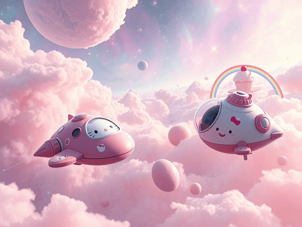 Two whimsical spaceships, one pink and adorned with Hello Kitty motifs and the other bubble-like, peacefully drifting apart against a serene, pastel-colored nebula. The backdrop is sprinkled with twinkling stars and a gentle rainbow bridge arcing in the distance over a dreamlike landscape of sweets and serene cosmic beauty.
Style: Cinematic, ultra-detailed sci-fi concept art
Environment Details: The Kawaii Voyager glides through a vibrant nebula that mirrors its colorful aesthetics. Swirling clouds of pink, lavender, and baby blue create a dreamlike backdrop, dotted with sparkling stars that twinkle like glitter. Floating islands of candy-colored asteroids drift lazily through the area, each one encapsulated in a sugary mist and adorned with cartoonish smiley faces. In the distance, a rainbow bridge arches across the cosmic expanse, leading to a distant planet that looks like a giant cupcake topped with fluffy clouds and a cherry-red peak. The atmosphere is filled with soft, melodic sounds that resemble cheerful laughter, and the occasional twinkling chime, creating an enchanting ambiance that perfectly complements the playful nature of the Hello Kitty Sovereignty.
Lighting: Dynamic, dramatic lighting with lens flares and volumetric effects
Camera: Wide-angle, epic perspective
Additional Details: Show detailed ship designs, energy weapons, and environmental effects
Quality: Ultra HD, highly detailed, professional quality