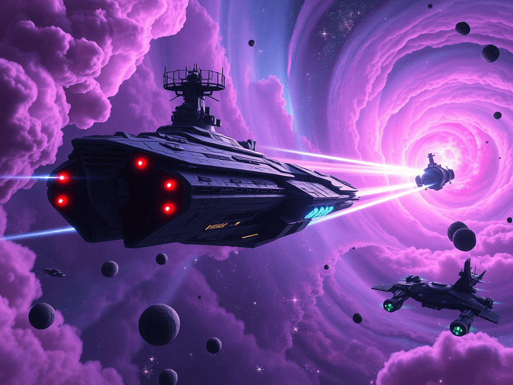 The Aegis Vanguard, a majestic battleship, navigates a narrow nebula passage with Elysia's holographic projections lighting its helm. Simultaneously, the Kawaii Voyager maneuvers elegantly with its rainbow shields ablaze, amidst swirling pink and lavender nebulae. Tension is palpable as they approach closer, their surroundings a dazzling concert of cosmic hues and intense energy.
Style: Cinematic, ultra-detailed sci-fi concept art
Environment Details: The 'Aegis Vanguard' is currently stationed in the heart of the Orion Nebula, surrounded by swirling clouds of vibrant gas and dust that glow in shades of deep purple and electric blue. Stars twinkle like diamonds scattered across a velvet canvas, providing a stunning backdrop to the massive battleship. Nearby, a cluster of rocky asteroids floats silently, remnants of ancient celestial collisions, while the remnants of long-abandoned space stations can be seen in the distance, their structures twisted and broken, telling tales of battles long past. Occasionally, bursts of light dance across the scene as distant supernovae explode, their brilliant light illuminating the darkness of space. The environment is a mix of beauty and danger, embodying the challenges faced by the Terran Alliance as they navigate the complexities of interstellar conflict and diplomacy. A faint hum of energy fills the air, resonating from the ship's quantum shields as they interact with the stellar radiation around them, creating an atmosphere of both protection and anticipation.
Lighting: Dynamic, dramatic lighting with lens flares and volumetric effects
Camera: Wide-angle, epic perspective
Additional Details: Show detailed ship designs, energy weapons, and environmental effects
Quality: Ultra HD, highly detailed, professional quality