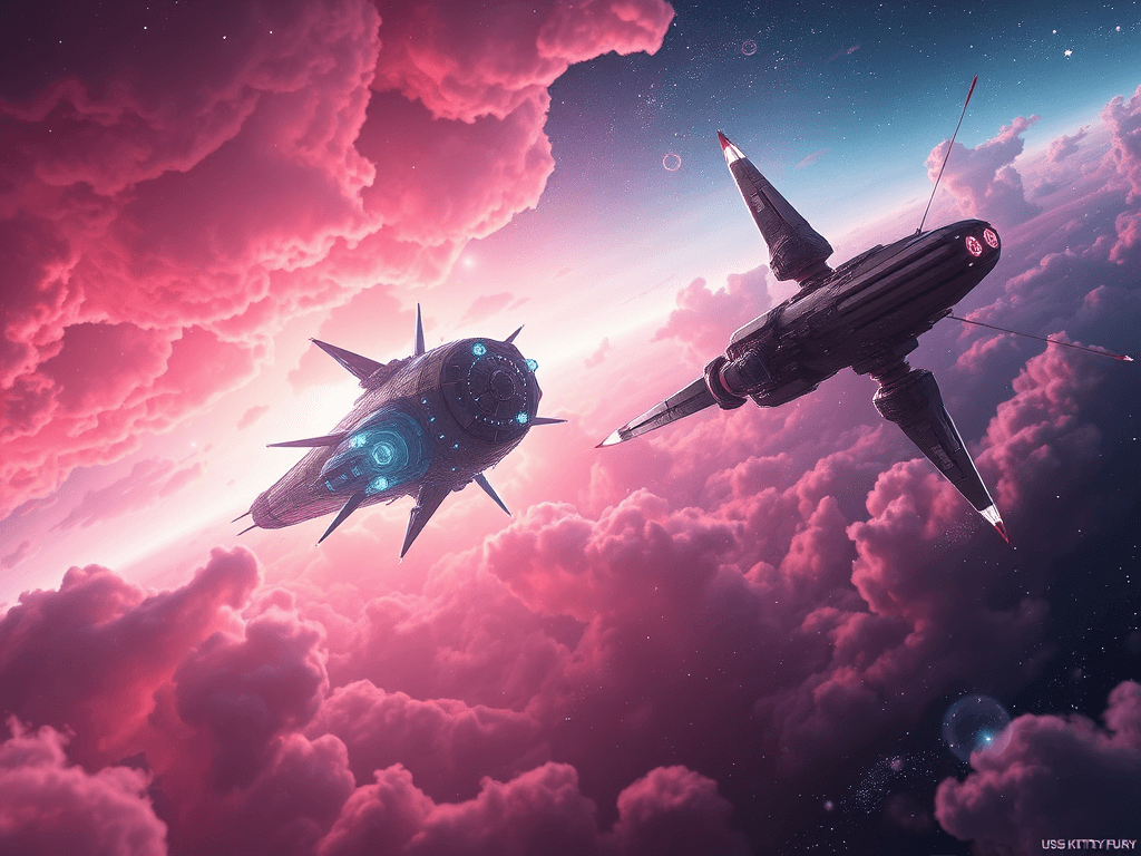 Abyss Abyss 151 gracefully retreats, its translucent facets reflecting the aftermath. USS Kitty's Fury stands victorious, surrounded by nebula clouds glowing in pink and blue hues. Sparkling stardust settles, and whimsical space flora contrast the serene and glowing battleground.
Style: Cinematic, ultra-detailed sci-fi concept art
Environment Details: A distant galaxy with swirling nebulae and shimmering stars
Lighting: Dynamic, dramatic lighting with lens flares and volumetric effects
Camera: Wide-angle, epic perspective
Additional Details: Show detailed ship designs, energy weapons, and environmental effects
Quality: Ultra HD, highly detailed, professional quality