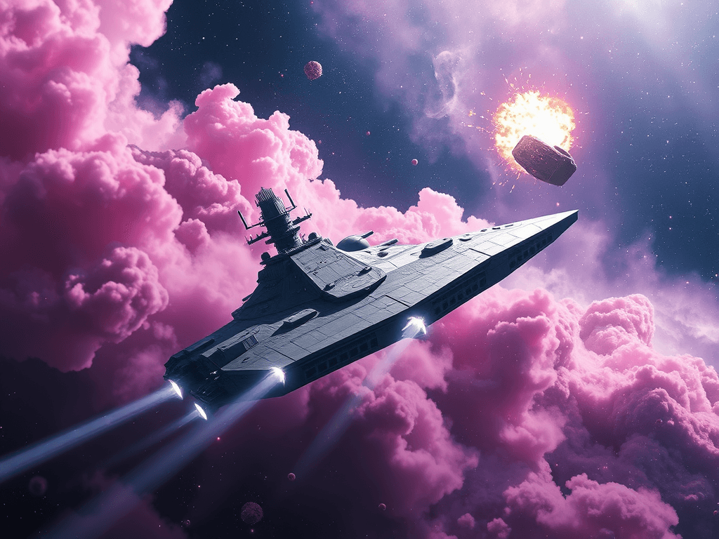 A victorious Hello Kitty Destroyer in serene nebula, pink and purple gases. Storm Fortress 7 retreating, distant asteroid explosion. Peaceful stars, cosmic beauty highlighted by recent battle's remnants, signifying resolution and resilience.
Style: Cinematic, ultra-detailed sci-fi concept art
Environment Details: A distant galaxy with swirling nebulae and shimmering stars
Lighting: Dynamic, dramatic lighting with lens flares and volumetric effects
Camera: Wide-angle, epic perspective
Additional Details: Show detailed ship designs, energy weapons, and environmental effects
Quality: Ultra HD, highly detailed, professional quality