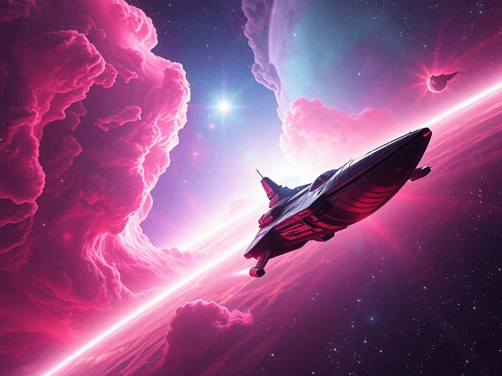 The Candy Nebula returns to tranquility, with the Hello Kitty Destroyer navigating its vibrant expanse victoriously. The Void Explorer 358, its polished metal hull gleaming faintly, retreats towards the distant galaxy, its once imposing form now a silhouette against the star-studded backdrop.
Style: Cinematic, ultra-detailed sci-fi concept art
Environment Details: A distant galaxy with swirling nebulae and shimmering stars
Lighting: Dynamic, dramatic lighting with lens flares and volumetric effects
Camera: Wide-angle, epic perspective
Additional Details: Show detailed ship designs, energy weapons, and environmental effects
Quality: Ultra HD, highly detailed, professional quality