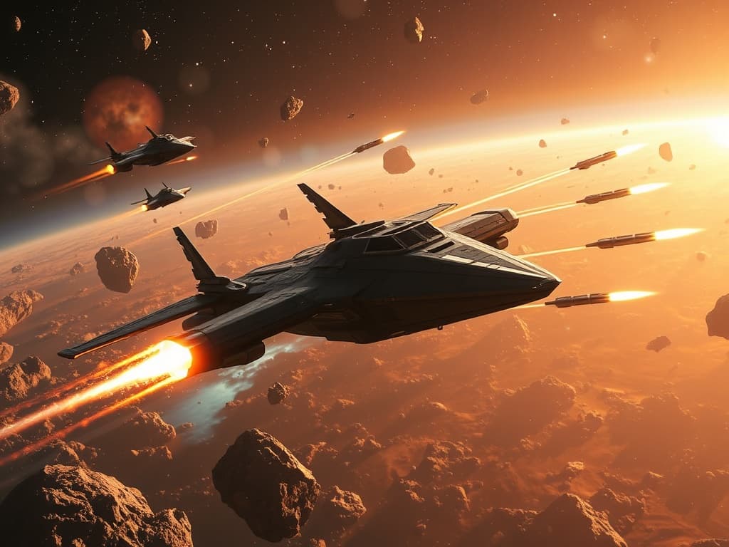 A military freighter dynamically maneuvering through an asteroid field, with flashes of lightning illuminating its path. A janky ship attempts evasive maneuvers, trailing fiery sparks while precision missiles streak towards it, leaving glowing contrails across the nebula-lit canvas of space.
Style: Cinematic, ultra-detailed sci-fi concept art
Environment Details: A distant galaxy with swirling nebulae and shimmering stars
Lighting: Dynamic, dramatic lighting with lens flares and volumetric effects
Camera: Wide-angle, epic perspective
Additional Details: Show detailed ship designs, energy weapons, and environmental effects
Quality: Ultra HD, highly detailed, professional quality
