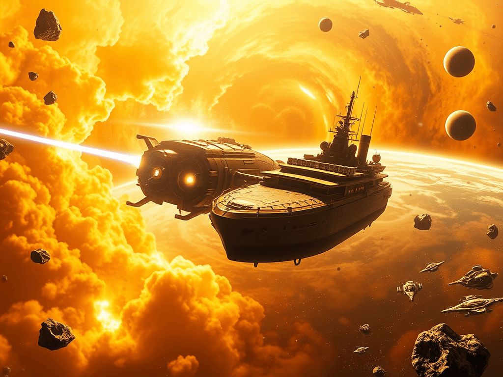 A golden ship and a large freighter locked in close proximity, tractor beam enveloping one in a shimmering vortex, amidst a backdrop of explosive energy and vibrant nebula.
Style: Cinematic, ultra-detailed sci-fi concept art
Environment Details: Set against the backdrop of a swirling nebula, the 'Trumpinator' floats in the vibrant expanses of the Cosmic Republican Quadrant. Multi-colored gas clouds swirl around in hues of gold and orange, providing a rich tapestry that reflects the opulence of the Donald Trump Hair Imperium. Nearby, asteroid fields glitter with crystalline minerals, resembling a fortune of glittering gold nuggets, while distant planets shimmer in the dark void, each one a potential battleground or new acquisition. The sounds of the ship’s engines hum with a rhythmic pulse, harmonizing with the occasional crackle of energy from the Twitter Cannons, as they prepare to unleash their digital onslaught. The ambient light is dramatic, with bursts of luminescent colors from the nebula casting playful shadows on the ship's immaculate surface, creating an atmosphere of both grandeur and impending engagement.
Lighting: Dynamic, dramatic lighting with lens flares and volumetric effects
Camera: Wide-angle, epic perspective
Additional Details: Show detailed ship designs, energy weapons, and environmental effects
Quality: Ultra HD, highly detailed, professional quality