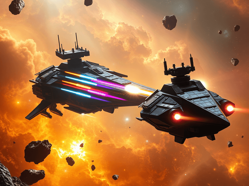 The Trumpinator, highlighted by dramatic nebula lighting, fires colorful hashtag-shaped energy bursts toward a massive black battleship. The battleship responds with bright plasma blasts from its rotating turrets. Multi-hued light bathes the scene, casting dynamic shadows and enhancing the tension in the air.
Style: Cinematic, ultra-detailed sci-fi concept art
Environment Details: Set against the backdrop of a swirling nebula, the 'Trumpinator' floats in the vibrant expanses of the Cosmic Republican Quadrant. Multi-colored gas clouds swirl around in hues of gold and orange, providing a rich tapestry that reflects the opulence of the Donald Trump Hair Imperium. Nearby, asteroid fields glitter with crystalline minerals, resembling a fortune of glittering gold nuggets, while distant planets shimmer in the dark void, each one a potential battleground or new acquisition. The sounds of the ship’s engines hum with a rhythmic pulse, harmonizing with the occasional crackle of energy from the Twitter Cannons, as they prepare to unleash their digital onslaught. The ambient light is dramatic, with bursts of luminescent colors from the nebula casting playful shadows on the ship's immaculate surface, creating an atmosphere of both grandeur and impending engagement.
Lighting: Dynamic, dramatic lighting with lens flares and volumetric effects
Camera: Wide-angle, epic perspective
Additional Details: Show detailed ship designs, energy weapons, and environmental effects
Quality: Ultra HD, highly detailed, professional quality