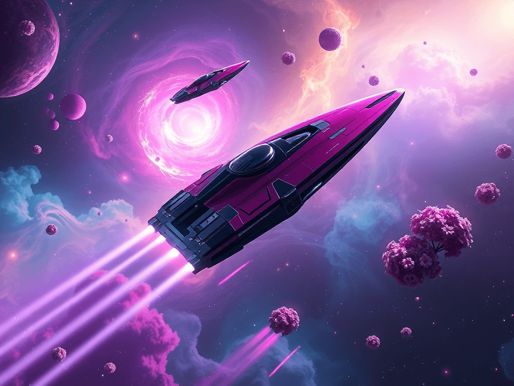 A sleek indigo-silver ship using a subtle tractor beam on a glossy pink spaceship. The nebula swirls in mesmerizing hues of violet, turquoise, and gold, casting a peaceful ambiance as both ships drift apart, leaving trails of light against the cosmic canvas.
Style: Cinematic, ultra-detailed sci-fi concept art
Environment Details: The 'Stellar Drift' glides through the vibrant expanse of the Celestial Veil, a stunning nebula swirling with hues of violet, turquoise, and gold. Wisps of interstellar gas billow around, illuminated by the distant glow of nearby stars, creating a breathtaking tapestry of light and color. Floating debris from ancient cosmic events drifts lazily within the nebula, providing both hazards and opportunities for resource gathering. The atmosphere is thick with energy, crackling with the potential of solar winds, which the ship's harvester eagerly absorbs. Nearby, clusters of bioluminescent flora float freely, casting a gentle light that contrasts with the darkness of space. Occasionally, the ship will pass through pockets of turbulence, where ion storms dance and flicker, creating brief moments of chaos that challenge the ship's advanced navigation systems. The environment is both beautiful and treacherous, a perfect reflection of the nomadic lifestyle of its inhabitants, who thrive on exploration and discovery amidst the ever-changing cosmos.
Lighting: Dynamic, dramatic lighting with lens flares and volumetric effects
Camera: Wide-angle, epic perspective
Additional Details: Show detailed ship designs, energy weapons, and environmental effects
Quality: Ultra HD, highly detailed, professional quality