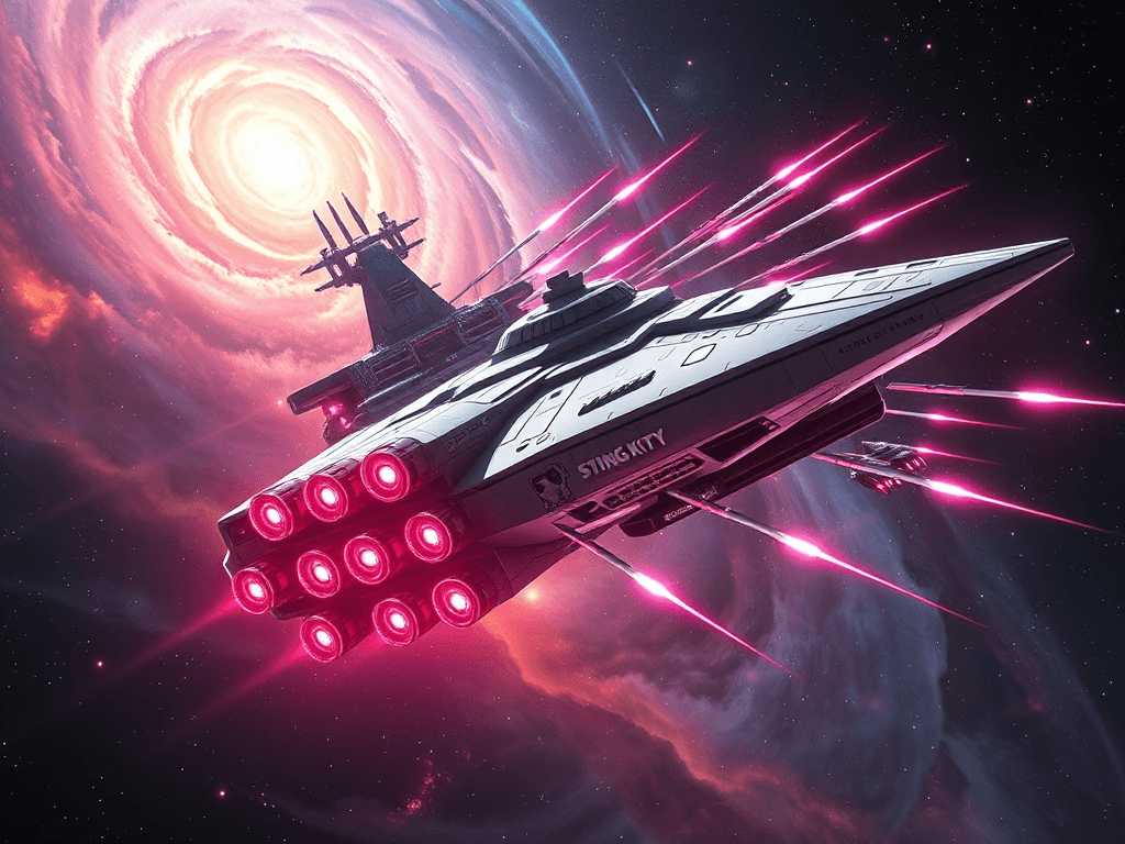 The Hello Kitty Destroyer appearing from cloaking, with candy-cane missile banks glowing, behind the Stingray-class cruiser. Torpedoes launching in all directions against a backdrop of swirling stars and vibrant nebulae, creating an intense display of light and color.
Style: Cinematic, ultra-detailed sci-fi concept art
Environment Details: A distant galaxy with swirling nebulae and shimmering stars
Lighting: Dynamic, dramatic lighting with lens flares and volumetric effects
Camera: Wide-angle, epic perspective
Additional Details: Show detailed ship designs, energy weapons, and environmental effects
Quality: Ultra HD, highly detailed, professional quality