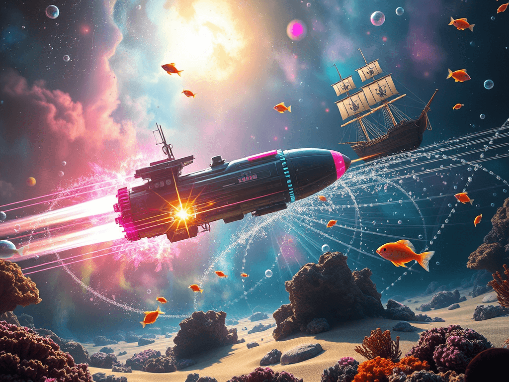 Hello Kitty Destroyer briefly vanishes, then reappears to fire shimmering missiles. The S.S. Goofy Bubble's soap shields glow as they absorb impacts, multicolored cracks appearing. Visually striking energy waves from Goofy Goober Energy Field ripple outwards, creating a dazzling spectacle against the nebula's vibrant colors.
Style: Cinematic, ultra-detailed sci-fi concept art
Environment Details: The environment surrounding the 'S.S. Goofy Bubble' is a vibrant underwater realm, filled with coral reefs that dance with the rhythm of the ocean currents. Brightly colored fish dart playfully among the corals, while schools of jellyfish float gracefully, their translucent bodies glowing with bioluminescence. Sunlight filters through the surface, creating a mesmerizing play of light and shadows on the sandy ocean floor. Bubbles rise from the depths, bursting into a cascade of tiny pearls, adding to the whimsical atmosphere. In the distance, a floating pirate ship made of driftwood looms, its tattered sails flapping gently in the currents, hinting at adventures yet to unfold. The water is alive with the sounds of marine life, interspersed with the joyful laughter of SpongeBob and his crew, echoing through the vibrant aquatic landscape.
Lighting: Dynamic, dramatic lighting with lens flares and volumetric effects
Camera: Wide-angle, epic perspective
Additional Details: Show detailed ship designs, energy weapons, and environmental effects
Quality: Ultra HD, highly detailed, professional quality