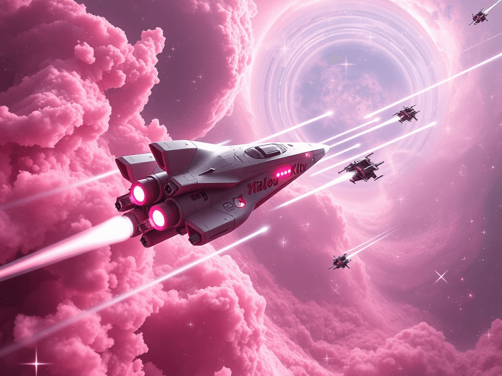 The Hello Kitty-themed spaceship with pink hues and playful decals clashes with another ship. Plasma bolts streak across a nebula painted in pastel pinks and plums, with sparkling stars illuminating the chaotic scene. The Time Dilation Field creates ripples in space around the first ship, bending light and distorting stars.
Style: Cinematic, ultra-detailed sci-fi concept art
Environment Details: A distant galaxy with swirling nebulae and shimmering stars
Lighting: Dynamic, dramatic lighting with lens flares and volumetric effects
Camera: Wide-angle, epic perspective
Additional Details: Show detailed ship designs, energy weapons, and environmental effects
Quality: Ultra HD, highly detailed, professional quality