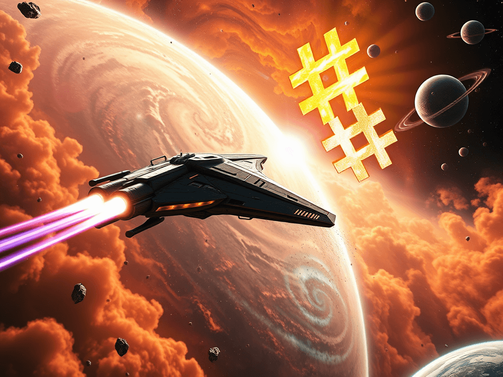 A fierce space battle with a sleek freighter firing plasma bolts at a golden ship that unleashes hashtag-shaped energy bursts; the background alive with the colors of a swirling nebula.
Style: Cinematic, ultra-detailed sci-fi concept art
Environment Details: Set against the backdrop of a swirling nebula, the 'Trumpinator' floats in the vibrant expanses of the Cosmic Republican Quadrant. Multi-colored gas clouds swirl around in hues of gold and orange, providing a rich tapestry that reflects the opulence of the Donald Trump Hair Imperium. Nearby, asteroid fields glitter with crystalline minerals, resembling a fortune of glittering gold nuggets, while distant planets shimmer in the dark void, each one a potential battleground or new acquisition. The sounds of the ship’s engines hum with a rhythmic pulse, harmonizing with the occasional crackle of energy from the Twitter Cannons, as they prepare to unleash their digital onslaught. The ambient light is dramatic, with bursts of luminescent colors from the nebula casting playful shadows on the ship's immaculate surface, creating an atmosphere of both grandeur and impending engagement.
Lighting: Dynamic, dramatic lighting with lens flares and volumetric effects
Camera: Wide-angle, epic perspective
Additional Details: Show detailed ship designs, energy weapons, and environmental effects
Quality: Ultra HD, highly detailed, professional quality
