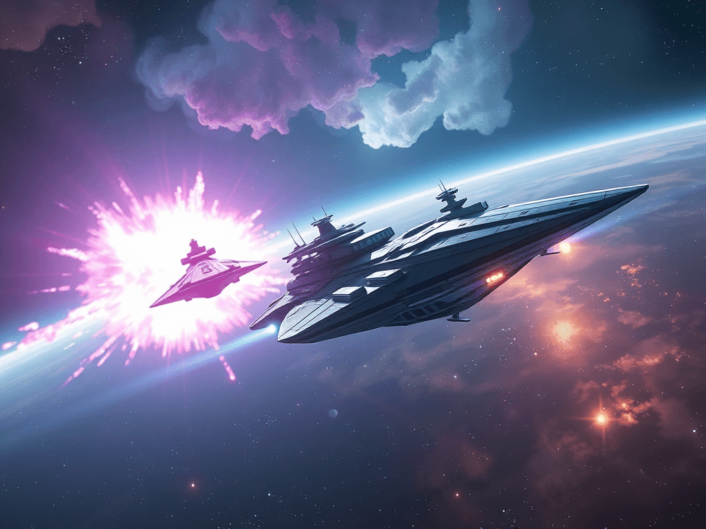 Two ships retreating into the expanse of space, the Hello Kitty Destroyer cloaked in pastel light and the Stingray-class cruiser shimmering in iridescent blue. The remnants of colorful explosions fading into the nebula, casting an ethereal glow in the distant galaxy.
Style: Cinematic, ultra-detailed sci-fi concept art
Environment Details: A distant galaxy with swirling nebulae and shimmering stars
Lighting: Dynamic, dramatic lighting with lens flares and volumetric effects
Camera: Wide-angle, epic perspective
Additional Details: Show detailed ship designs, energy weapons, and environmental effects
Quality: Ultra HD, highly detailed, professional quality
