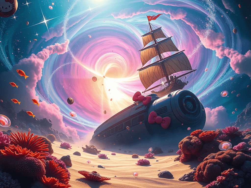 The Hello Kitty Destroyer remains amidst the swirling nebula, with traces of humorous debris on its surface. The S.S. Goofy Bubble retreats into the astral ocean depths. Stars and streaks of laughter-rich particles glow softly across the vibrant nebula, offering a tranquil finish to the epic encounter.
Style: Cinematic, ultra-detailed sci-fi concept art
Environment Details: The environment surrounding the 'S.S. Goofy Bubble' is a vibrant underwater realm, filled with coral reefs that dance with the rhythm of the ocean currents. Brightly colored fish dart playfully among the corals, while schools of jellyfish float gracefully, their translucent bodies glowing with bioluminescence. Sunlight filters through the surface, creating a mesmerizing play of light and shadows on the sandy ocean floor. Bubbles rise from the depths, bursting into a cascade of tiny pearls, adding to the whimsical atmosphere. In the distance, a floating pirate ship made of driftwood looms, its tattered sails flapping gently in the currents, hinting at adventures yet to unfold. The water is alive with the sounds of marine life, interspersed with the joyful laughter of SpongeBob and his crew, echoing through the vibrant aquatic landscape.
Lighting: Dynamic, dramatic lighting with lens flares and volumetric effects
Camera: Wide-angle, epic perspective
Additional Details: Show detailed ship designs, energy weapons, and environmental effects
Quality: Ultra HD, highly detailed, professional quality