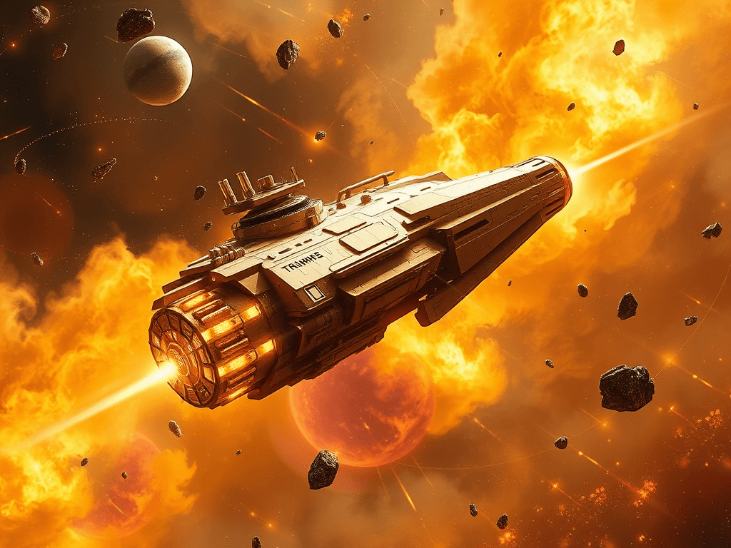 A golden ship basking in the glow of victory, the freighter retreating into a colorful nebula with systems flickering, symbolizing a hard-won victory amidst the cosmic expanse.
Style: Cinematic, ultra-detailed sci-fi concept art
Environment Details: Set against the backdrop of a swirling nebula, the 'Trumpinator' floats in the vibrant expanses of the Cosmic Republican Quadrant. Multi-colored gas clouds swirl around in hues of gold and orange, providing a rich tapestry that reflects the opulence of the Donald Trump Hair Imperium. Nearby, asteroid fields glitter with crystalline minerals, resembling a fortune of glittering gold nuggets, while distant planets shimmer in the dark void, each one a potential battleground or new acquisition. The sounds of the ship’s engines hum with a rhythmic pulse, harmonizing with the occasional crackle of energy from the Twitter Cannons, as they prepare to unleash their digital onslaught. The ambient light is dramatic, with bursts of luminescent colors from the nebula casting playful shadows on the ship's immaculate surface, creating an atmosphere of both grandeur and impending engagement.
Lighting: Dynamic, dramatic lighting with lens flares and volumetric effects
Camera: Wide-angle, epic perspective
Additional Details: Show detailed ship designs, energy weapons, and environmental effects
Quality: Ultra HD, highly detailed, professional quality