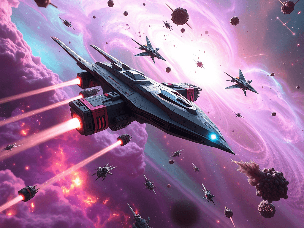 A dramatic engagement with missiles launching from a pink-decaled ship towards an agile indigo-silver vessel engaged in swift evasions, all enveloped in swirling ion storms. The nebula provides a chaotic yet colorful backdrop as the battle intensifies.
Style: Cinematic, ultra-detailed sci-fi concept art
Environment Details: The 'Stellar Drift' glides through the vibrant expanse of the Celestial Veil, a stunning nebula swirling with hues of violet, turquoise, and gold. Wisps of interstellar gas billow around, illuminated by the distant glow of nearby stars, creating a breathtaking tapestry of light and color. Floating debris from ancient cosmic events drifts lazily within the nebula, providing both hazards and opportunities for resource gathering. The atmosphere is thick with energy, crackling with the potential of solar winds, which the ship's harvester eagerly absorbs. Nearby, clusters of bioluminescent flora float freely, casting a gentle light that contrasts with the darkness of space. Occasionally, the ship will pass through pockets of turbulence, where ion storms dance and flicker, creating brief moments of chaos that challenge the ship's advanced navigation systems. The environment is both beautiful and treacherous, a perfect reflection of the nomadic lifestyle of its inhabitants, who thrive on exploration and discovery amidst the ever-changing cosmos.
Lighting: Dynamic, dramatic lighting with lens flares and volumetric effects
Camera: Wide-angle, epic perspective
Additional Details: Show detailed ship designs, energy weapons, and environmental effects
Quality: Ultra HD, highly detailed, professional quality