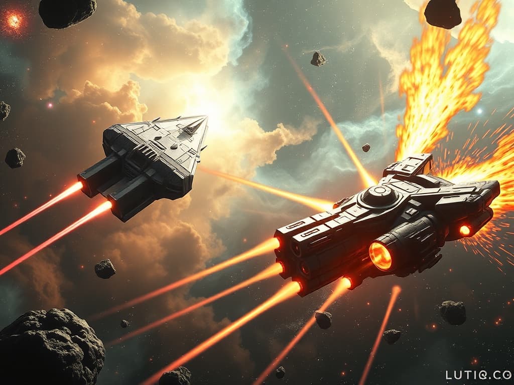 Two spaceships locked in battle: one sleek and aerodynamic, firing laser cannons amidst a beautiful nebula; the other, a patchwork of metal with oversized plasma cannons, discharging streams of fiery energy. Asteroids and cosmic gas fields surround the scene, casting shadows on the dueling vessels.
Style: Cinematic, ultra-detailed sci-fi concept art
Environment Details: A distant galaxy with swirling nebulae and shimmering stars
Lighting: Dynamic, dramatic lighting with lens flares and volumetric effects
Camera: Wide-angle, epic perspective
Additional Details: Show detailed ship designs, energy weapons, and environmental effects
Quality: Ultra HD, highly detailed, professional quality