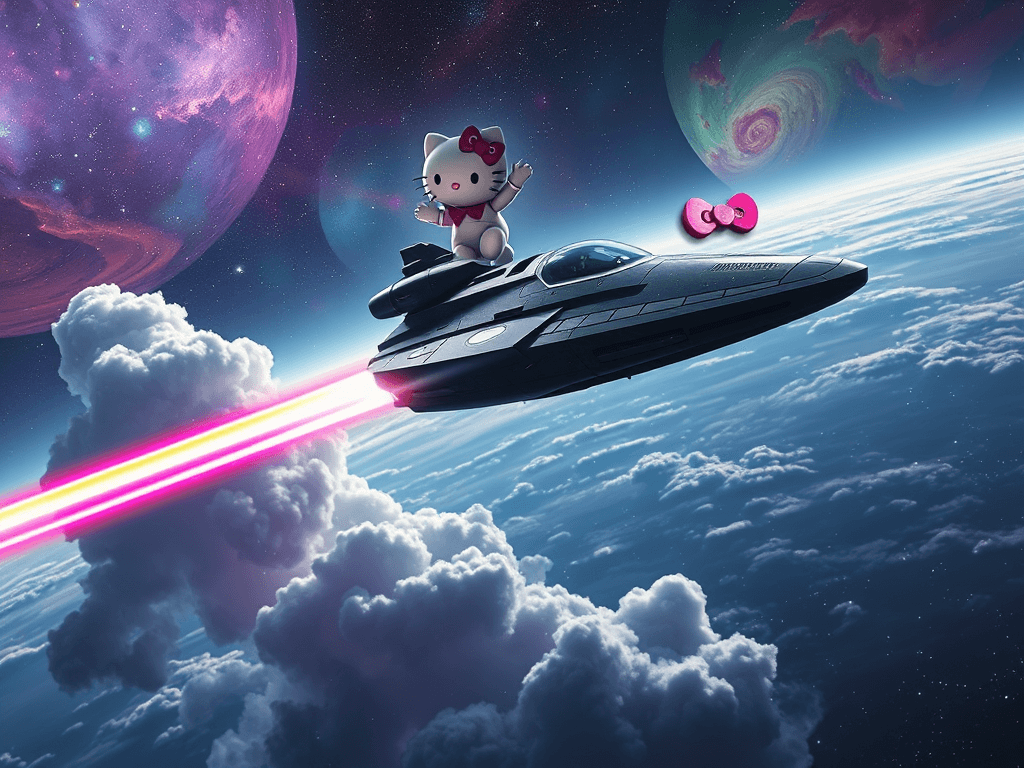 The Hello Kitty spaceship, trailing a rainbow of warp energy, retreats into the distance. The dark, sleek spaceship stands victorious amid glitter and colorful nebulous clouds, embodying both grace and strength, with a serene cosmic expanse stretching infinitely beyond.
Style: Cinematic, ultra-detailed sci-fi concept art
Environment Details: A distant galaxy with swirling nebulae and shimmering stars
Lighting: Dynamic, dramatic lighting with lens flares and volumetric effects
Camera: Wide-angle, epic perspective
Additional Details: Show detailed ship designs, energy weapons, and environmental effects
Quality: Ultra HD, highly detailed, professional quality