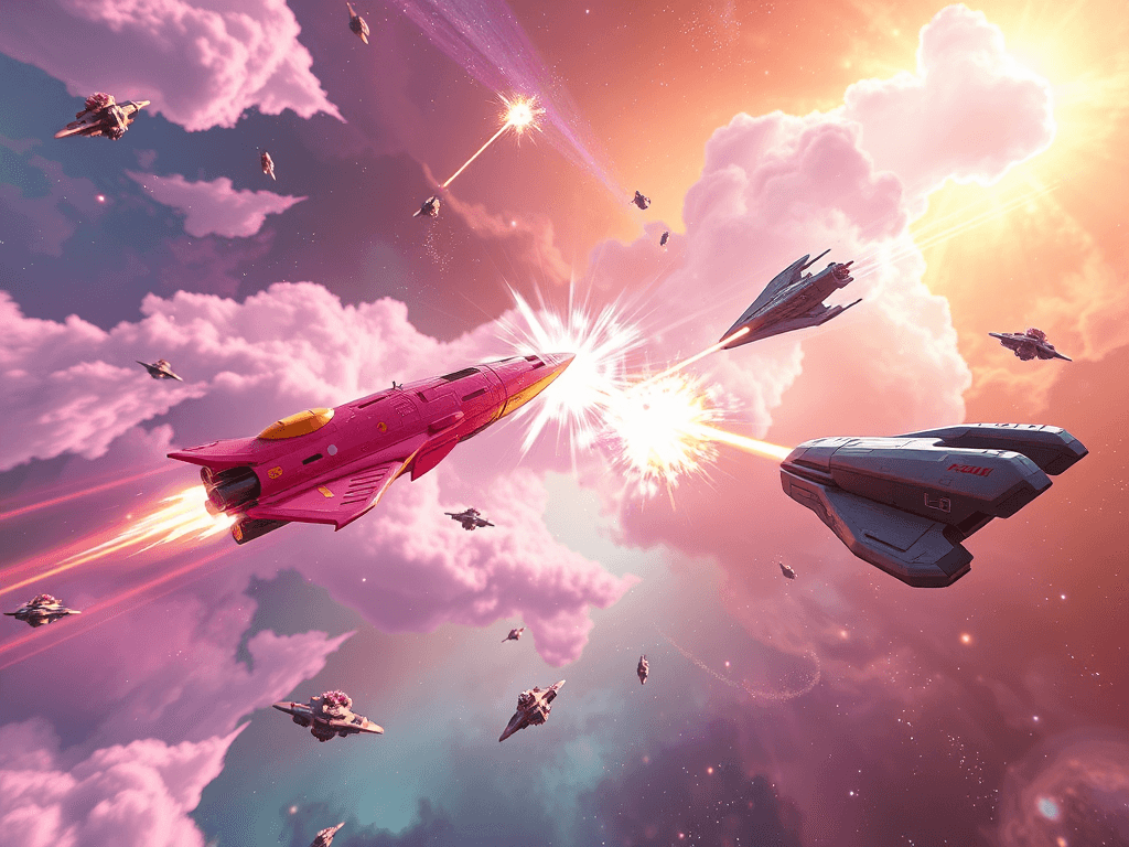 Explosive plasma beams emanating from a pink spaceship with cute decals, clashing against the laser fire from a sleek indigo-silver ship. The scene is set against a nebula backdrop of pastel hues, with stars twinkling like scattered sprinkles across the battlefield.
Style: Cinematic, ultra-detailed sci-fi concept art
Environment Details: The 'Stellar Drift' glides through the vibrant expanse of the Celestial Veil, a stunning nebula swirling with hues of violet, turquoise, and gold. Wisps of interstellar gas billow around, illuminated by the distant glow of nearby stars, creating a breathtaking tapestry of light and color. Floating debris from ancient cosmic events drifts lazily within the nebula, providing both hazards and opportunities for resource gathering. The atmosphere is thick with energy, crackling with the potential of solar winds, which the ship's harvester eagerly absorbs. Nearby, clusters of bioluminescent flora float freely, casting a gentle light that contrasts with the darkness of space. Occasionally, the ship will pass through pockets of turbulence, where ion storms dance and flicker, creating brief moments of chaos that challenge the ship's advanced navigation systems. The environment is both beautiful and treacherous, a perfect reflection of the nomadic lifestyle of its inhabitants, who thrive on exploration and discovery amidst the ever-changing cosmos.
Lighting: Dynamic, dramatic lighting with lens flares and volumetric effects
Camera: Wide-angle, epic perspective
Additional Details: Show detailed ship designs, energy weapons, and environmental effects
Quality: Ultra HD, highly detailed, professional quality