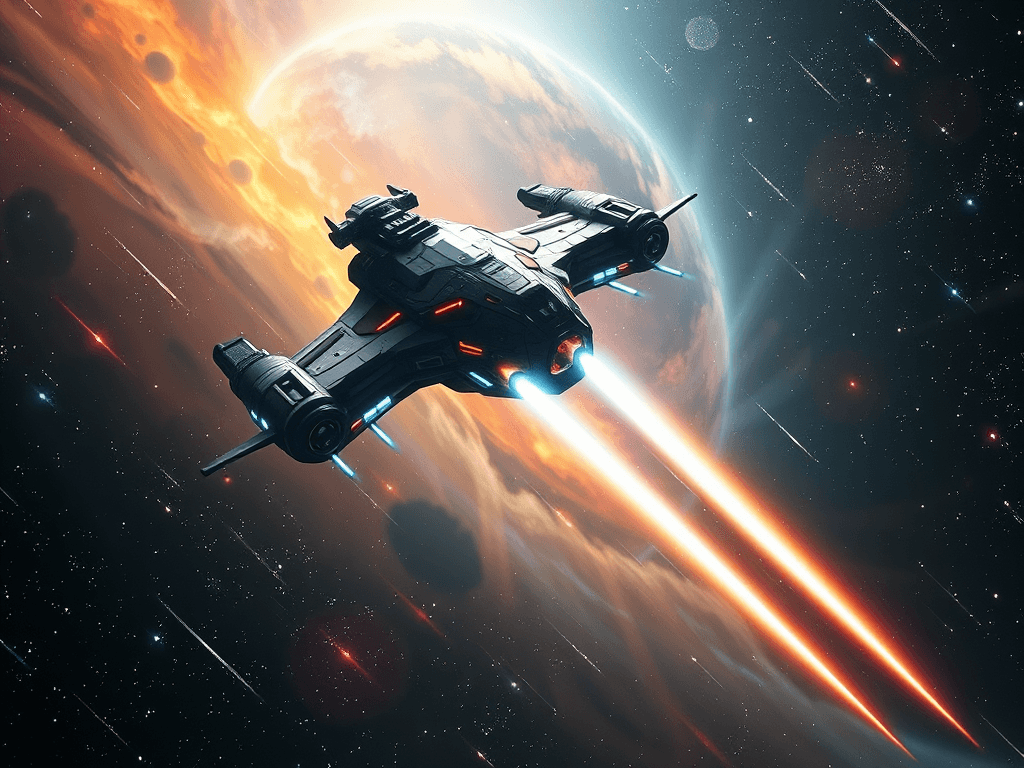 A tranquil scene as two spaceships part ways, the first ship's crystalline Tractor Beam holding an enemy ship gently. The cosmic environment restores its majestic serenity, with twinkling stars and a backdrop of vivid nebulae, casting a serene glow on the aftermath of the battle.
Style: Cinematic, ultra-detailed sci-fi concept art
Environment Details: A distant galaxy with swirling nebulae and shimmering stars
Lighting: Dynamic, dramatic lighting with lens flares and volumetric effects
Camera: Wide-angle, epic perspective
Additional Details: Show detailed ship designs, energy weapons, and environmental effects
Quality: Ultra HD, highly detailed, professional quality