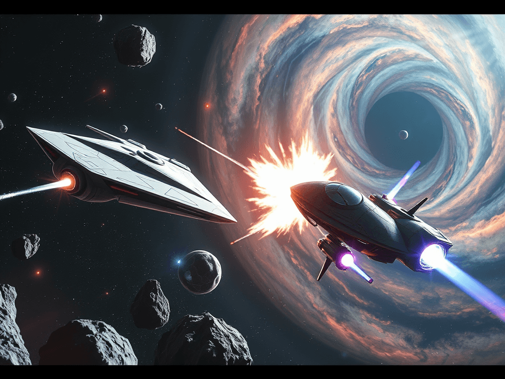 A cinematic face-off between two spaceships: one sleek and elegant, the other whimsical and colorful. Ion streams crackle in the void, while vivid explosions light up the backdrop of a swirling nebula. Nearby asteroids catch the glow, casting prismatic reflections into the scene.
Style: Cinematic, ultra-detailed sci-fi concept art
Environment Details: A distant galaxy with swirling nebulae and shimmering stars
Lighting: Dynamic, dramatic lighting with lens flares and volumetric effects
Camera: Wide-angle, epic perspective
Additional Details: Show detailed ship designs, energy weapons, and environmental effects
Quality: Ultra HD, highly detailed, professional quality
