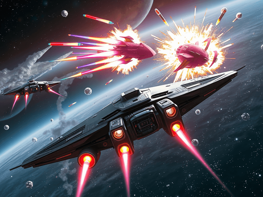 A spaceship with intricate circuits evades colorful missile trails from a cloaked pink vessel, bursting back into sight. The scene is set against a backdrop of nebulae and glittering comets, portraying dynamic movement and tension as explosions light up the star-filled sky.
Style: Cinematic, ultra-detailed sci-fi concept art
Environment Details: A distant galaxy with swirling nebulae and shimmering stars
Lighting: Dynamic, dramatic lighting with lens flares and volumetric effects
Camera: Wide-angle, epic perspective
Additional Details: Show detailed ship designs, energy weapons, and environmental effects
Quality: Ultra HD, highly detailed, professional quality