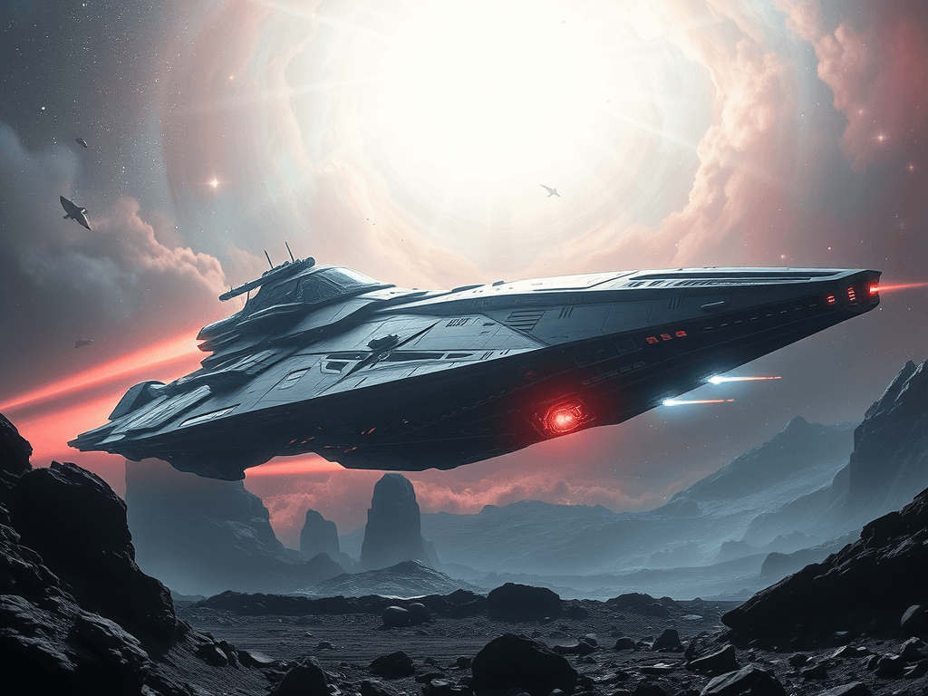 A massive battleship, Void Explorer 358, hovering in a desolate, rocky landscape under eerie pulsar light. Its angular, sleek design and shimmering quantum fields exude an aura of futuristic power. The ship's temporal fields reach out, creating tangible distortions in the nebula.
Style: Cinematic, ultra-detailed sci-fi concept art
Environment Details: A distant galaxy with swirling nebulae and shimmering stars
Lighting: Dynamic, dramatic lighting with lens flares and volumetric effects
Camera: Wide-angle, epic perspective
Additional Details: Show detailed ship designs, energy weapons, and environmental effects
Quality: Ultra HD, highly detailed, professional quality