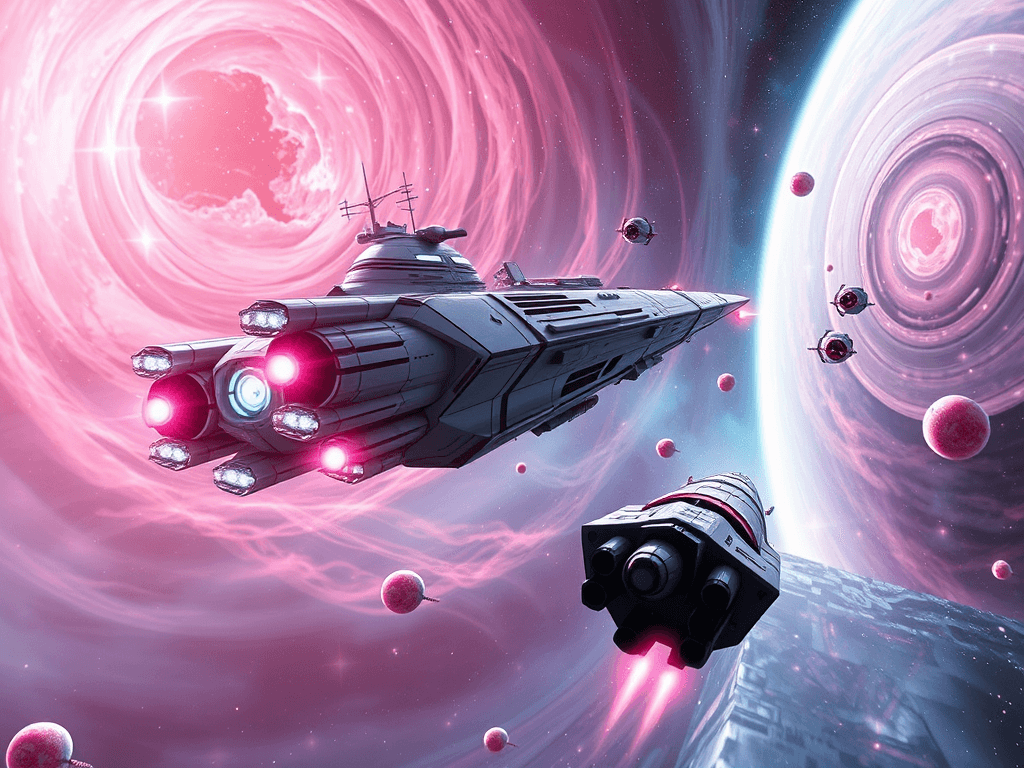 In the heart of the Candy Nebula, the Hello Kitty Destroyer maneuvers through swirling temporal distortions. Its quantum shields sparkle as retractable laser cannons unleash vibrant energy bursts towards the Void Explorer 358, while a panel slides open, revealing a deployed missile launcher.
Style: Cinematic, ultra-detailed sci-fi concept art
Environment Details: A distant galaxy with swirling nebulae and shimmering stars
Lighting: Dynamic, dramatic lighting with lens flares and volumetric effects
Camera: Wide-angle, epic perspective
Additional Details: Show detailed ship designs, energy weapons, and environmental effects
Quality: Ultra HD, highly detailed, professional quality