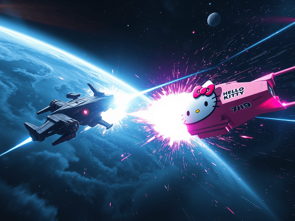 An epic space battle between a dark alloy-clad spaceship and a pink vessel with a Hello Kitty emblem, amid swirling nebulae and twinkling stardust, as energy blasts collide in a dazzling display of blue and pink against the inky void.
Style: Cinematic, ultra-detailed sci-fi concept art
Environment Details: A distant galaxy with swirling nebulae and shimmering stars
Lighting: Dynamic, dramatic lighting with lens flares and volumetric effects
Camera: Wide-angle, epic perspective
Additional Details: Show detailed ship designs, energy weapons, and environmental effects
Quality: Ultra HD, highly detailed, professional quality