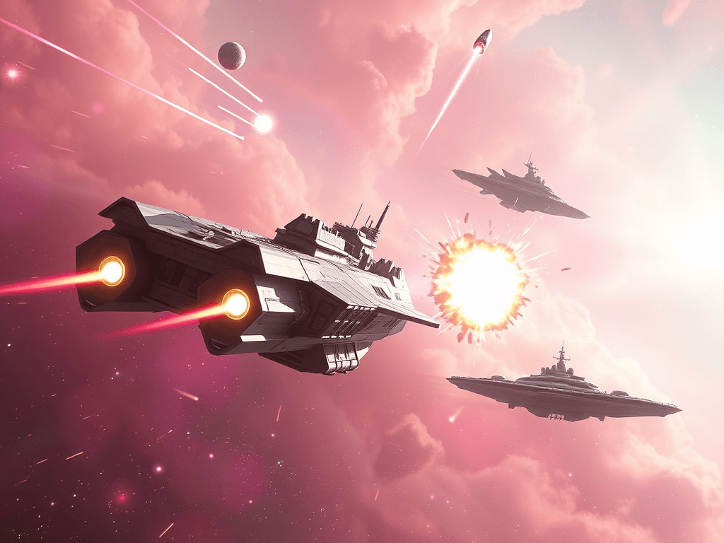 The Hello Kitty Destroyer firing twin laser beams from bow-shaped cannons amidst a pastel cosmic landscape. The Stingray-class cruiser counterattacks with plasma bursts, creating vivid explosions in the nebula's vibrant hues. Glittering comets streak across the scene, intensifying the action.
Style: Cinematic, ultra-detailed sci-fi concept art
Environment Details: A distant galaxy with swirling nebulae and shimmering stars
Lighting: Dynamic, dramatic lighting with lens flares and volumetric effects
Camera: Wide-angle, epic perspective
Additional Details: Show detailed ship designs, energy weapons, and environmental effects
Quality: Ultra HD, highly detailed, professional quality