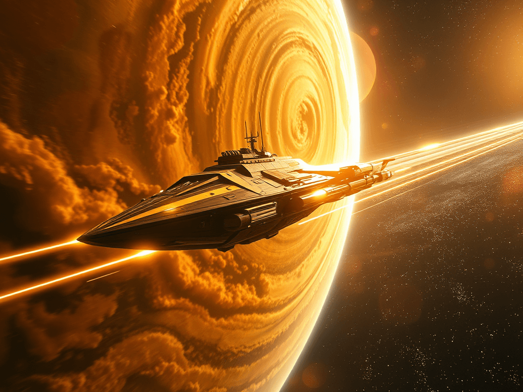 The Trumpinator executes an evasive escape, its golden form streaking away from the looming black presence of the battleship as colorful nebular gases swirl. The scene captures the shimmering aftermath, with fading streaks of energy in the vacuum of space, under a thousand watching stars.
Style: Cinematic, ultra-detailed sci-fi concept art
Environment Details: Set against the backdrop of a swirling nebula, the 'Trumpinator' floats in the vibrant expanses of the Cosmic Republican Quadrant. Multi-colored gas clouds swirl around in hues of gold and orange, providing a rich tapestry that reflects the opulence of the Donald Trump Hair Imperium. Nearby, asteroid fields glitter with crystalline minerals, resembling a fortune of glittering gold nuggets, while distant planets shimmer in the dark void, each one a potential battleground or new acquisition. The sounds of the ship’s engines hum with a rhythmic pulse, harmonizing with the occasional crackle of energy from the Twitter Cannons, as they prepare to unleash their digital onslaught. The ambient light is dramatic, with bursts of luminescent colors from the nebula casting playful shadows on the ship's immaculate surface, creating an atmosphere of both grandeur and impending engagement.
Lighting: Dynamic, dramatic lighting with lens flares and volumetric effects
Camera: Wide-angle, epic perspective
Additional Details: Show detailed ship designs, energy weapons, and environmental effects
Quality: Ultra HD, highly detailed, professional quality