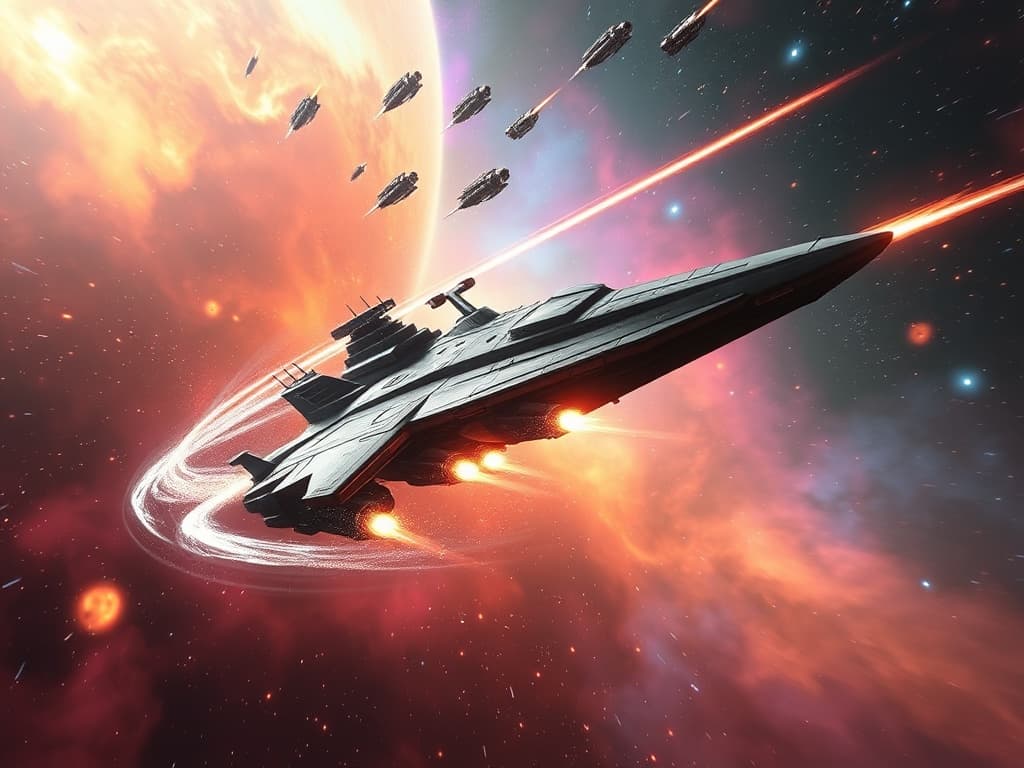 As sparkling missiles fill the nebula, the Storm Fortress 7 twists through the colorful haze, its sleek silhouette dodging destruction. The USS Kitty's Fury, agility in elegance, gracefully spins, its boosters emitting glittering trails through a backdrop of nebula gases.
Style: Cinematic, ultra-detailed sci-fi concept art
Environment Details: A distant galaxy with swirling nebulae and shimmering stars
Lighting: Dynamic, dramatic lighting with lens flares and volumetric effects
Camera: Wide-angle, epic perspective
Additional Details: Show detailed ship designs, energy weapons, and environmental effects
Quality: Ultra HD, highly detailed, professional quality