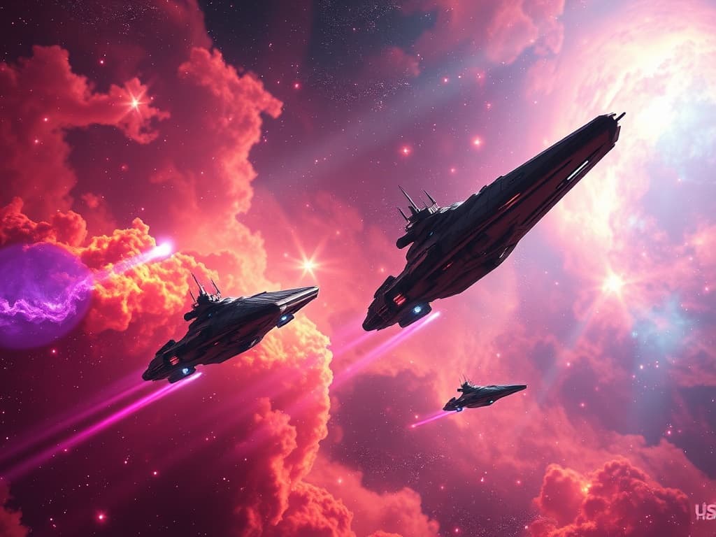 In the aftermath of battle, the Storm Fortress 7 and USS Kitty's Fury slowly drift in opposite directions through a nebula teeming with multi-colored gases and shimmering stars, a testament to their hard-fought duel, both framed by the vivid, otherworldly beauty of the cosmic backdrop.
Style: Cinematic, ultra-detailed sci-fi concept art
Environment Details: A distant galaxy with swirling nebulae and shimmering stars
Lighting: Dynamic, dramatic lighting with lens flares and volumetric effects
Camera: Wide-angle, epic perspective
Additional Details: Show detailed ship designs, energy weapons, and environmental effects
Quality: Ultra HD, highly detailed, professional quality