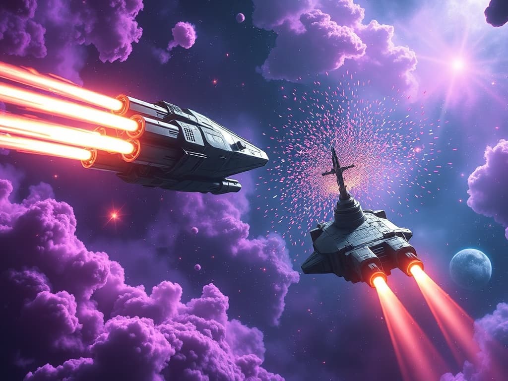 The Storm Fortress 7's plasma cannons crackle with energy, projecting fiery streaks through the nebula. Across from it, the USS Kitty's Fury fires beams of colored light, casting showers of confetti into space, amidst the gas clouds of purple, pink, and blue.
Style: Cinematic, ultra-detailed sci-fi concept art
Environment Details: A distant galaxy with swirling nebulae and shimmering stars
Lighting: Dynamic, dramatic lighting with lens flares and volumetric effects
Camera: Wide-angle, epic perspective
Additional Details: Show detailed ship designs, energy weapons, and environmental effects
Quality: Ultra HD, highly detailed, professional quality