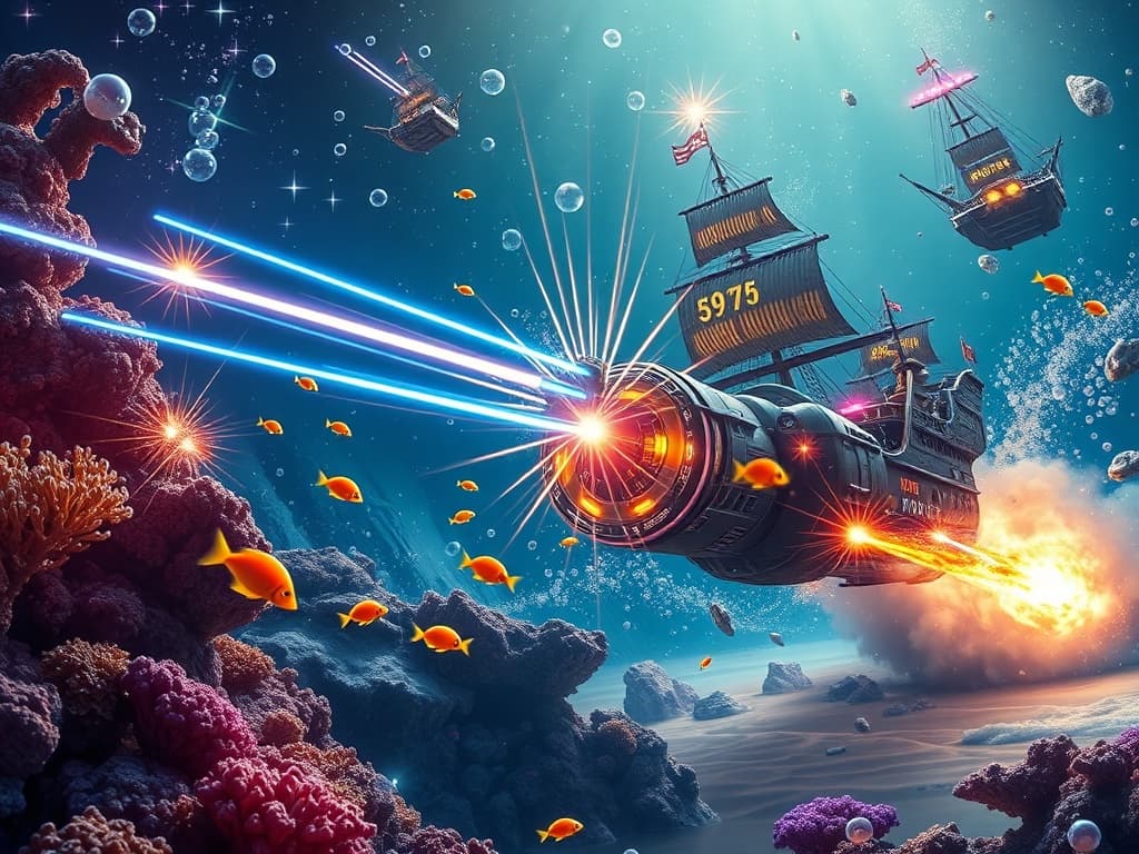 Illustrate a dynamic clash: 'Quantum Explorer 584' unleashing coordinated laser beams amidst asteroids, set against a dramatic starry backdrop. 'S.S. Goofy Bubble' pictured in a dynamic, defensive motion, with glistening soap shields and vibrant technology. Show bursts of energy colliding, mixing otherworldly glows with oceanic colors.
Style: Cinematic, ultra-detailed sci-fi concept art
Environment Details: The environment surrounding the 'S.S. Goofy Bubble' is a vibrant underwater realm, filled with coral reefs that dance with the rhythm of the ocean currents. Brightly colored fish dart playfully among the corals, while schools of jellyfish float gracefully, their translucent bodies glowing with bioluminescence. Sunlight filters through the surface, creating a mesmerizing play of light and shadows on the sandy ocean floor. Bubbles rise from the depths, bursting into a cascade of tiny pearls, adding to the whimsical atmosphere. In the distance, a floating pirate ship made of driftwood looms, its tattered sails flapping gently in the currents, hinting at adventures yet to unfold. The water is alive with the sounds of marine life, interspersed with the joyful laughter of SpongeBob and his crew, echoing through the vibrant aquatic landscape.
Lighting: Dynamic, dramatic lighting with lens flares and volumetric effects
Camera: Wide-angle, epic perspective
Additional Details: Show detailed ship designs, energy weapons, and environmental effects
Quality: Ultra HD, highly detailed, professional quality