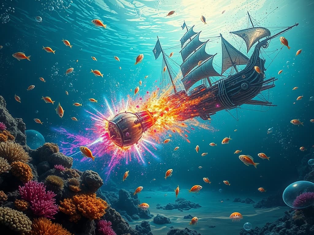 Depict the 'S.S. Goofy Bubble' deploying its Goofy Goober Energy Field, a vivid burst of colors and chaotic energy. The 'Quantum Explorer 584' appears amidst this energy, its glowing conduits flickering. Merge vivid oceanic and alien technological elements to show the chaotic, overpowering swirl of whimsy versus precision.
Style: Cinematic, ultra-detailed sci-fi concept art
Environment Details: The environment surrounding the 'S.S. Goofy Bubble' is a vibrant underwater realm, filled with coral reefs that dance with the rhythm of the ocean currents. Brightly colored fish dart playfully among the corals, while schools of jellyfish float gracefully, their translucent bodies glowing with bioluminescence. Sunlight filters through the surface, creating a mesmerizing play of light and shadows on the sandy ocean floor. Bubbles rise from the depths, bursting into a cascade of tiny pearls, adding to the whimsical atmosphere. In the distance, a floating pirate ship made of driftwood looms, its tattered sails flapping gently in the currents, hinting at adventures yet to unfold. The water is alive with the sounds of marine life, interspersed with the joyful laughter of SpongeBob and his crew, echoing through the vibrant aquatic landscape.
Lighting: Dynamic, dramatic lighting with lens flares and volumetric effects
Camera: Wide-angle, epic perspective
Additional Details: Show detailed ship designs, energy weapons, and environmental effects
Quality: Ultra HD, highly detailed, professional quality