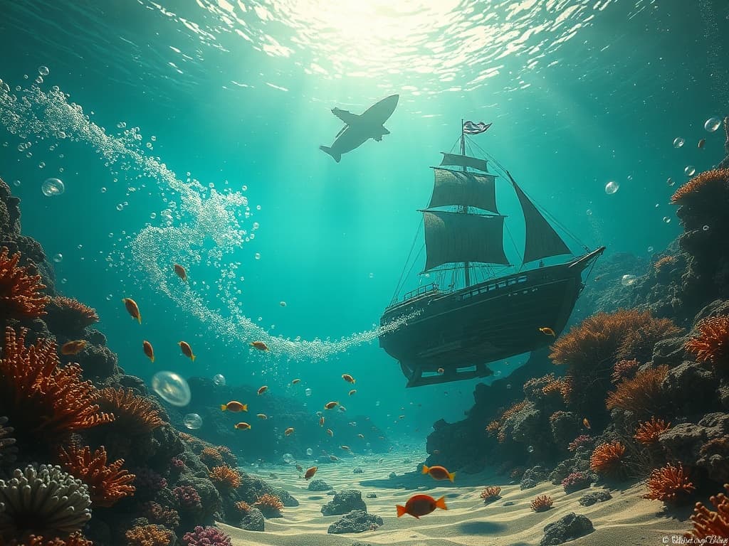 Capture a moment of retreat: 'S.S. Goofy Bubble' descending beneath ocean waves, leaving trails of soap bubbles and vibrant marine life. 'Quantum Explorer 584' disappears into space, re-engaged cloak amid a serene starry backdrop. Show the split between sea and space, each ship blending back into its natural environment.
Style: Cinematic, ultra-detailed sci-fi concept art
Environment Details: The environment surrounding the 'S.S. Goofy Bubble' is a vibrant underwater realm, filled with coral reefs that dance with the rhythm of the ocean currents. Brightly colored fish dart playfully among the corals, while schools of jellyfish float gracefully, their translucent bodies glowing with bioluminescence. Sunlight filters through the surface, creating a mesmerizing play of light and shadows on the sandy ocean floor. Bubbles rise from the depths, bursting into a cascade of tiny pearls, adding to the whimsical atmosphere. In the distance, a floating pirate ship made of driftwood looms, its tattered sails flapping gently in the currents, hinting at adventures yet to unfold. The water is alive with the sounds of marine life, interspersed with the joyful laughter of SpongeBob and his crew, echoing through the vibrant aquatic landscape.
Lighting: Dynamic, dramatic lighting with lens flares and volumetric effects
Camera: Wide-angle, epic perspective
Additional Details: Show detailed ship designs, energy weapons, and environmental effects
Quality: Ultra HD, highly detailed, professional quality