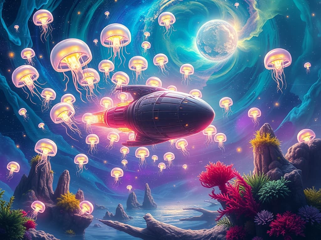 A swarm of jellyfish-like decoys around the Krusty Voyager, each emitting a bright ethereal glow, create a mesmerizing spectacle. The Void Explorer, with quantum fields swirling around it, grapples with the scene, reflecting the light from these decoys. This celestial ballet unfolds against the dramatic nebula and star-laden backdrop.
Style: Cinematic, ultra-detailed sci-fi concept art
Environment Details: The Krusty Voyager glides through a surreal environment reminiscent of an underwater dreamscape, where vibrant colors and fantastical elements merge. The cosmos is filled with swirling nebulae that resemble the colors of various sea creatures—blues, greens, and yellows dance together in a cosmic ballet. Floating islands of coral-like rock formations dot the scenery, some of which are adorned with glowing seaweed, illuminating the space with a soft bioluminescent glow.

In the distance, massive jellyfish-like vessels drift lazily, their translucent bodies pulsating gently, while schools of pixelated fish dart around, leaving trails of sparkling stardust in their wake. The atmosphere is filled with a whimsical soundscape of bubbling waters and cheerful tunes, reminiscent of a lively underwater party. Occasionally, massive asteroids shaped like various sea creatures float by, reminding the crew of their oceanic origins. This vibrant and enchanting environment perfectly complements the playful yet adventurous spirit of the SpongeBob Absorption League.
Lighting: Dynamic, dramatic lighting with lens flares and volumetric effects
Camera: Wide-angle, epic perspective
Additional Details: Show detailed ship designs, energy weapons, and environmental effects
Quality: Ultra HD, highly detailed, professional quality